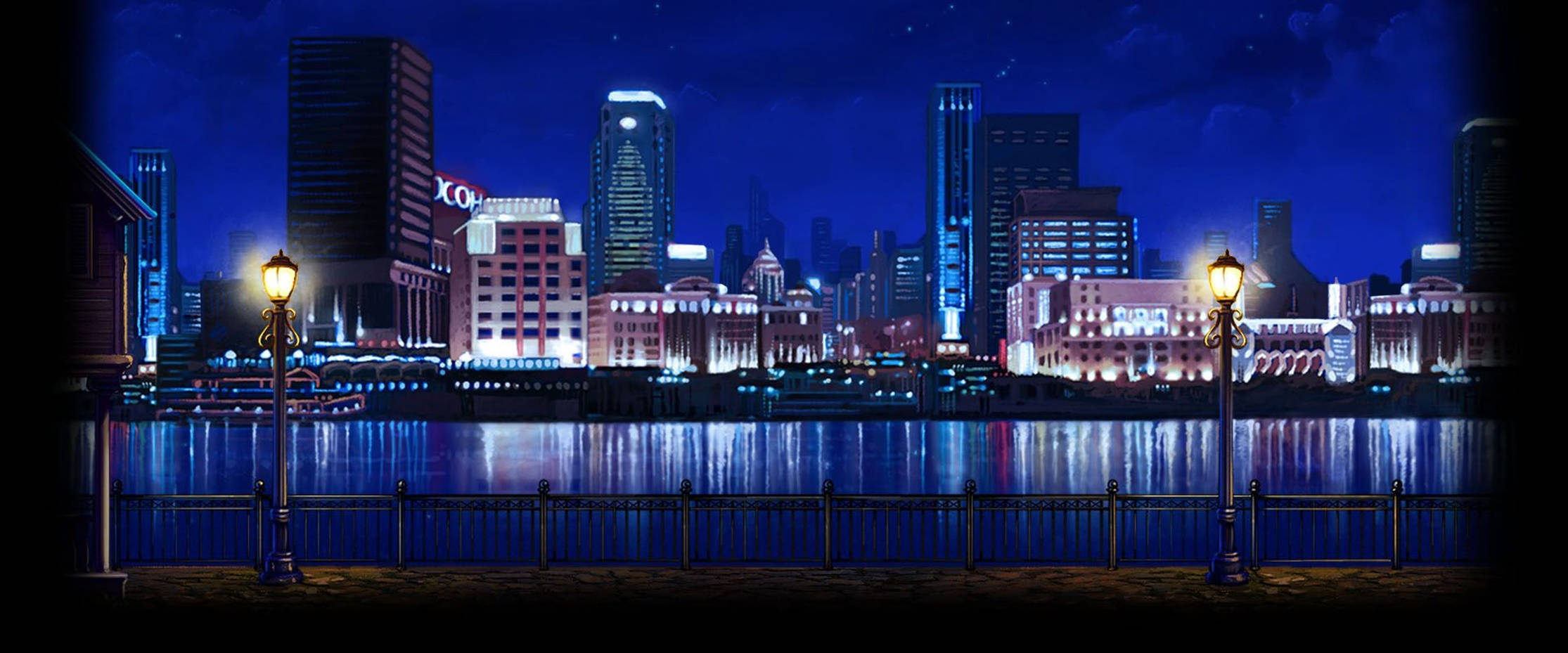 river 桌布 壁紙 — 充滿活力的夜景城市景觀，閃爍的摩天大樓和溫暖的路燈倒映在平靜的水面上。