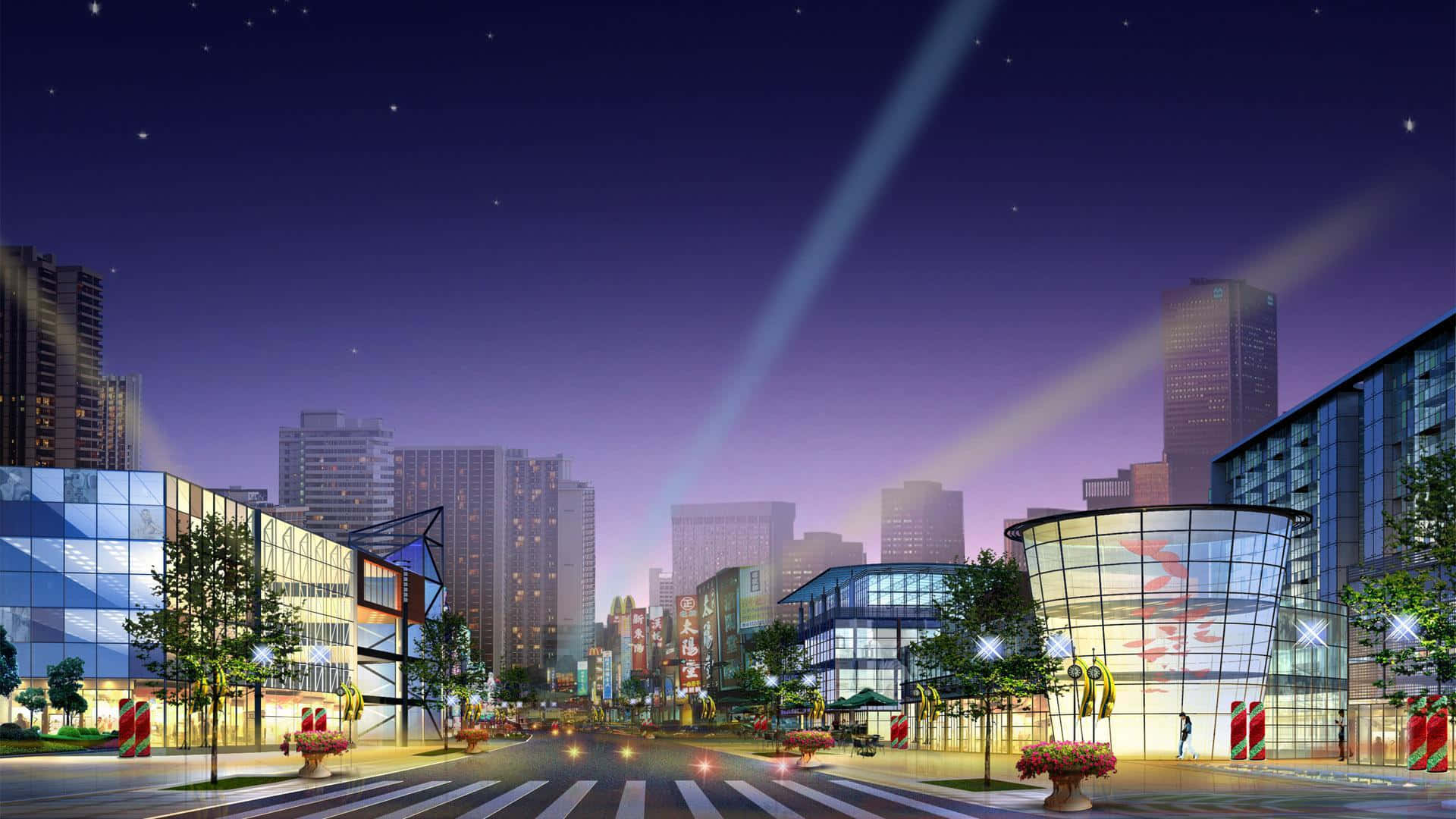 3d City 桌布 壁紙 — 充滿活力的夜景城市景觀，閃爍的摩天大樓和明亮的聚光燈穿透繁星點點的紫色天空。