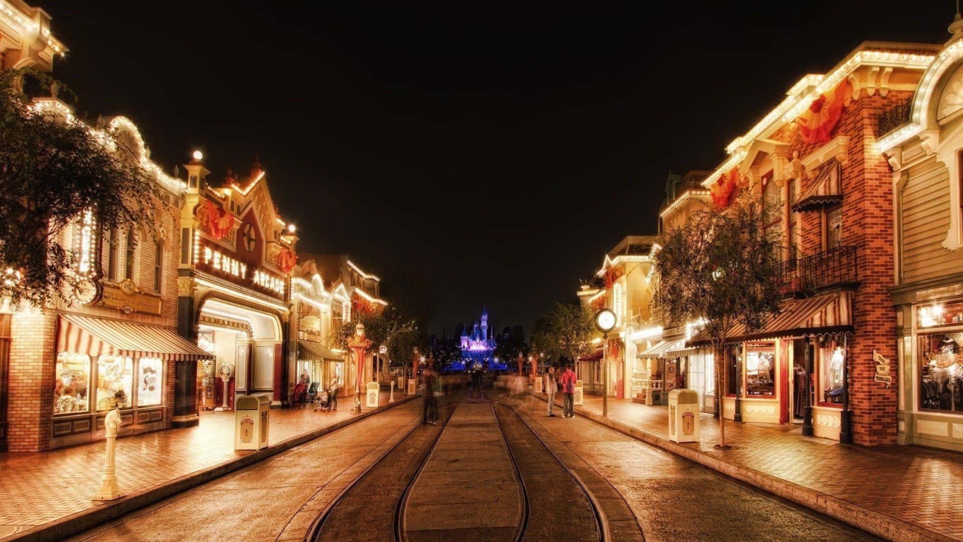 迪士尼樂園 桌布 壁紙 — 充滿活力的夜間街景，閃爍的商店門面和通往遠處城堡的電車軌道。