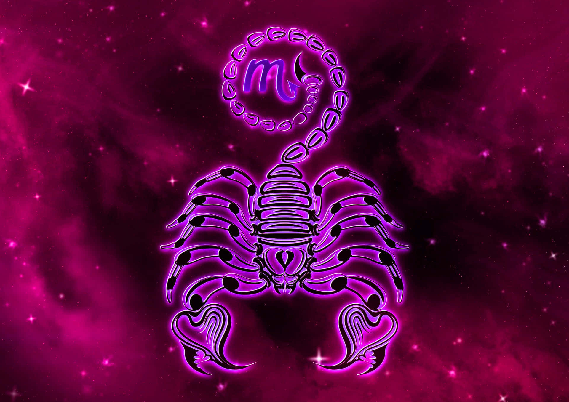 星空宇宙場景中的紫色霓虹天蠍座星座符號。