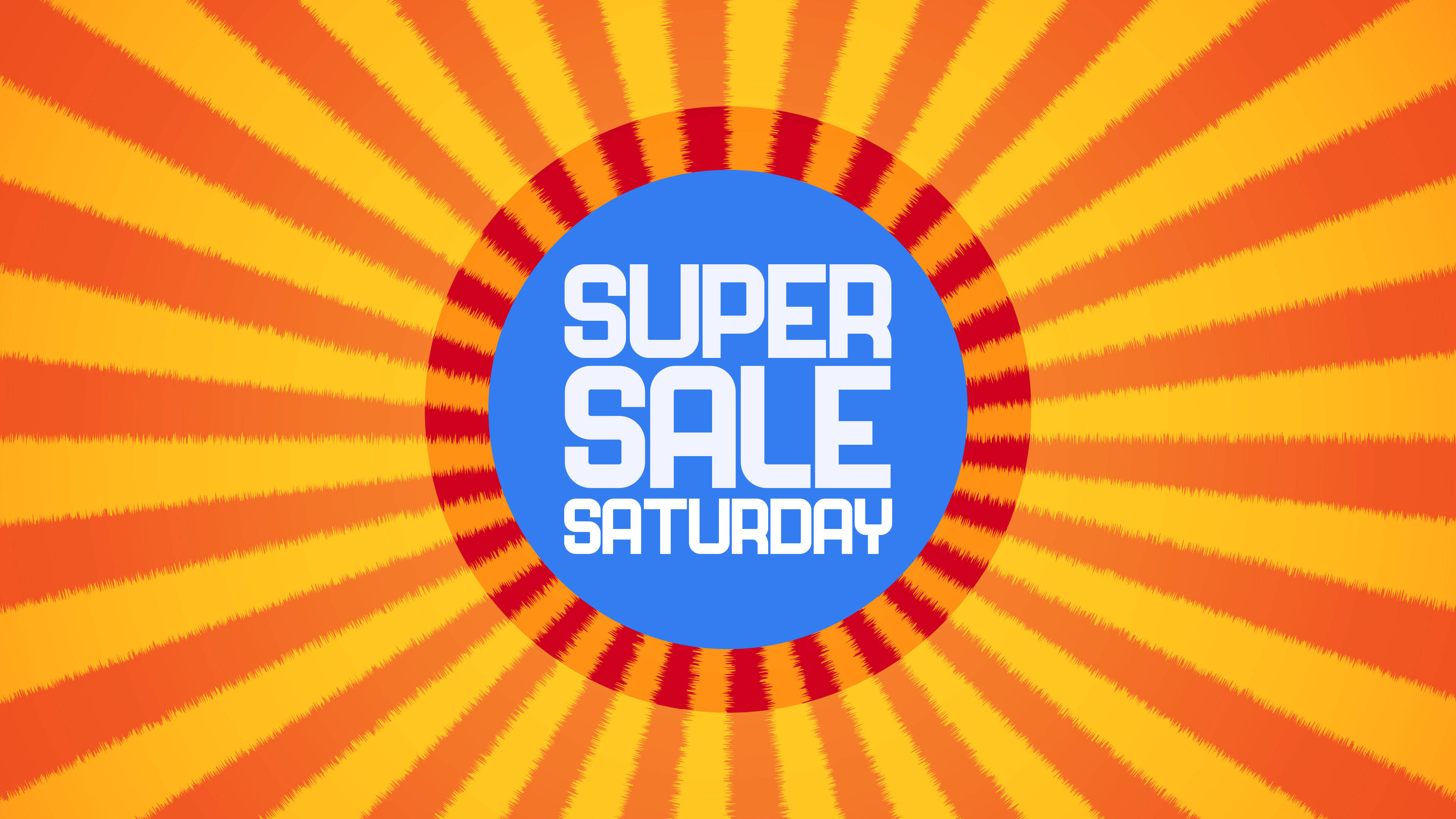 saturday 桌布 壁紙 — 充滿活力的太陽光線圖案從一個藍色圓圈中放射出來，圓圈上用粗體白色文字宣告「SUPER SALE SATURDAY」。
