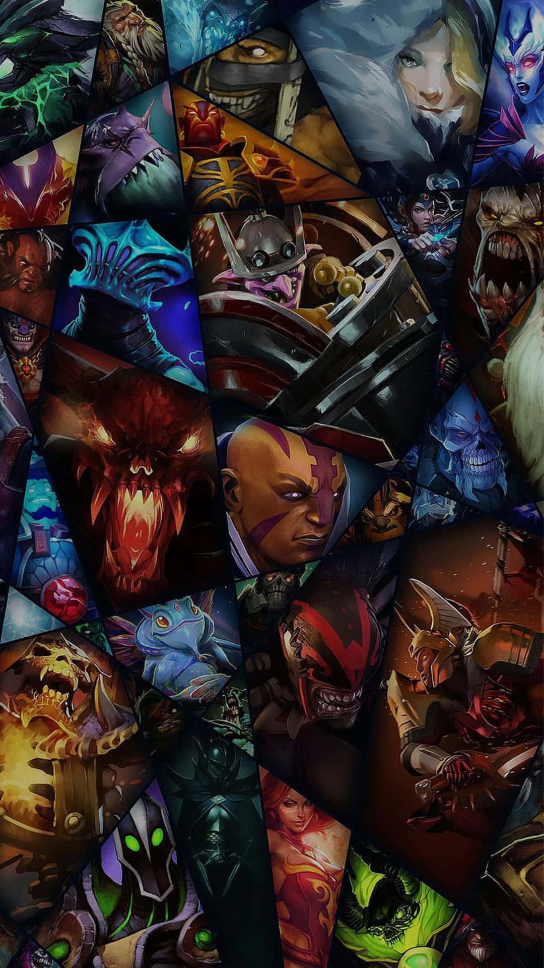 Dota 2 Heroes 桌布 壁紙 — 充滿活力的奇幻遊戲角色拼貼畫，表情強烈，色彩鮮豔。