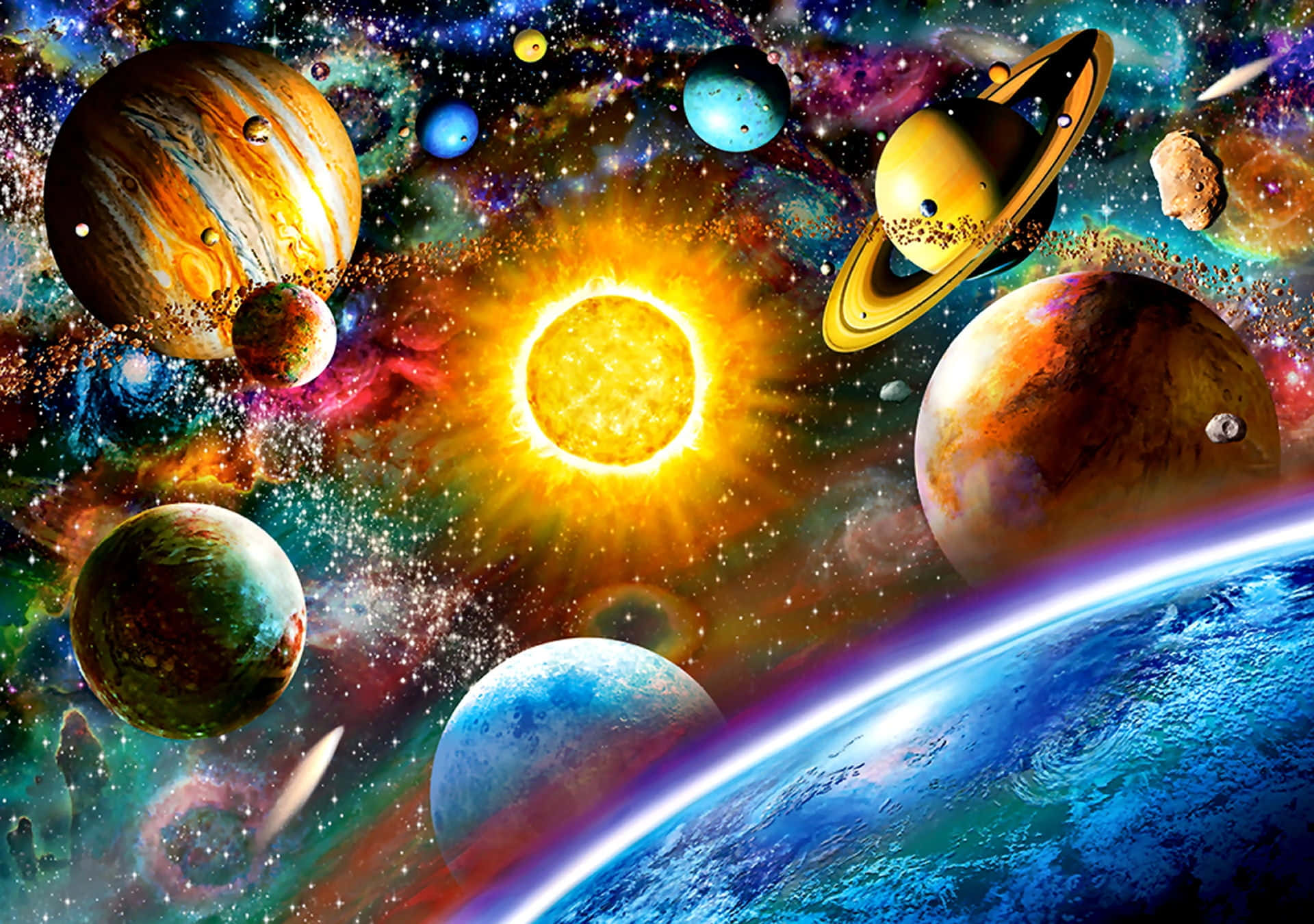 Galaxy Themed Paintings 桌布 壁紙 — 充滿活力的宇宙場景，發光的太陽被色彩繽紛的行星和旋轉星雲環繞。