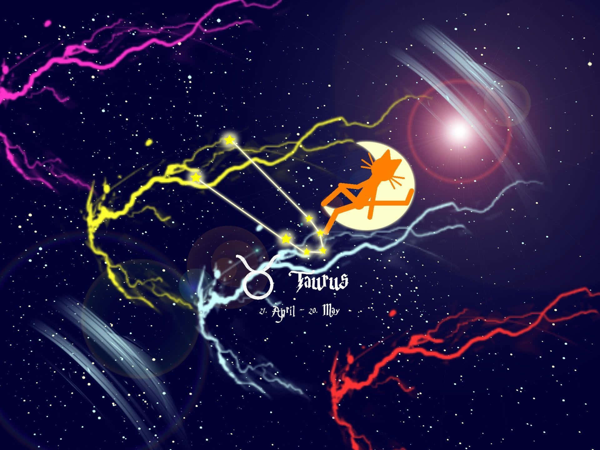 taurus 桌布 壁紙 — 充滿活力的宇宙場景，金牛座星座與公牛剪影，背景是星光閃爍的夜空，點綴著霓虹閃電。