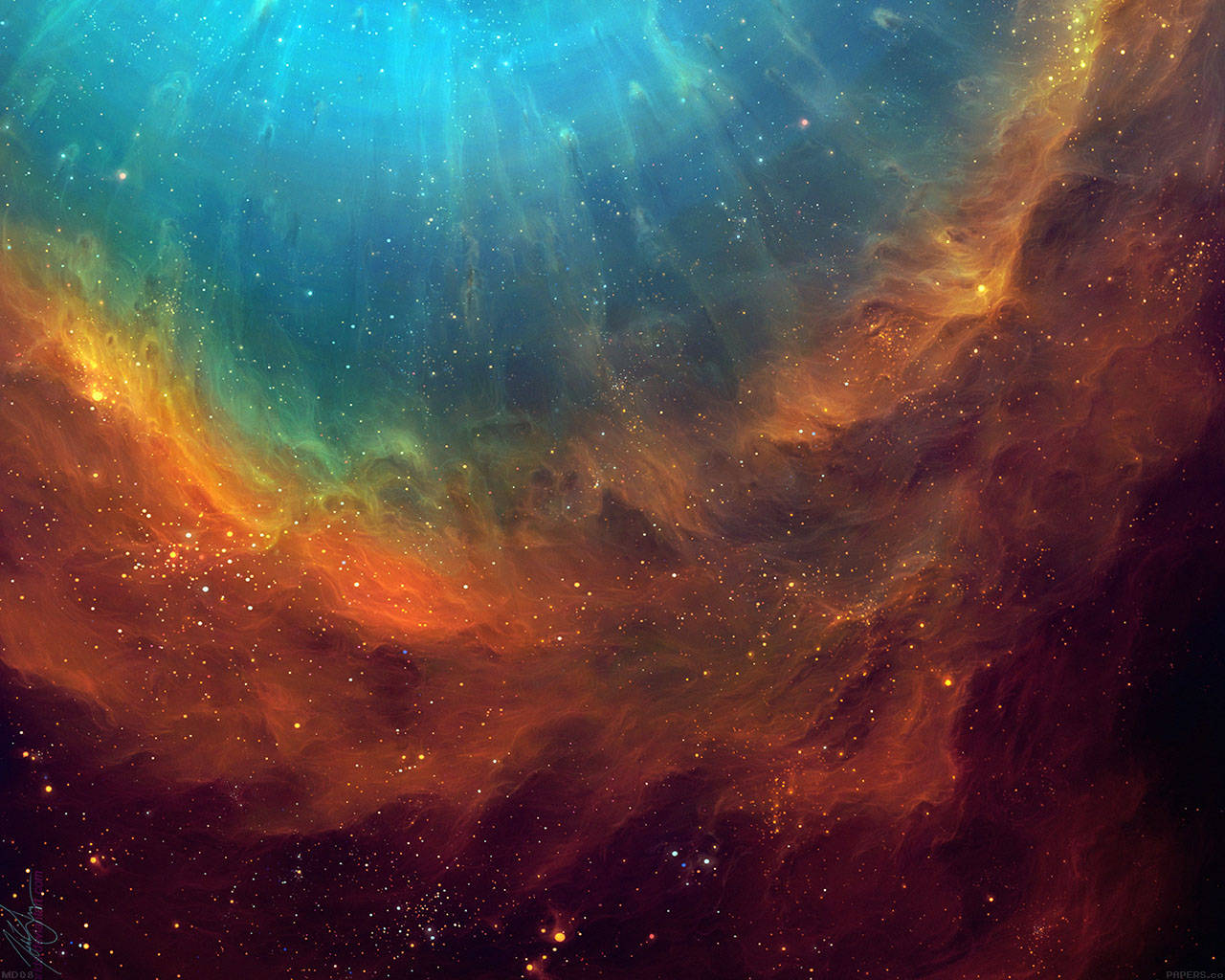 星星 桌布 壁紙 — 充滿活力的宇宙星雲，以火熱的橙色和清涼的藍綠色旋轉，在黑暗虛空中閃耀著星星。