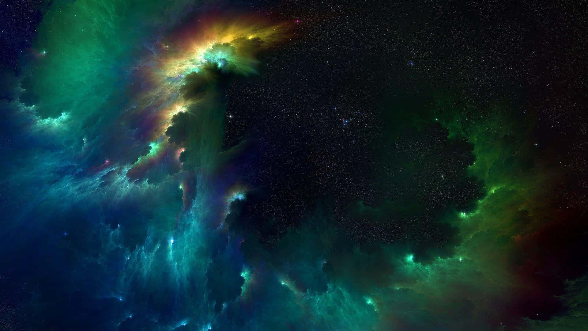 Green Galaxy 桌布 壁紙 — 充滿活力的宇宙星雲，在星空中呈現旋轉的藍綠色和金色雲彩。