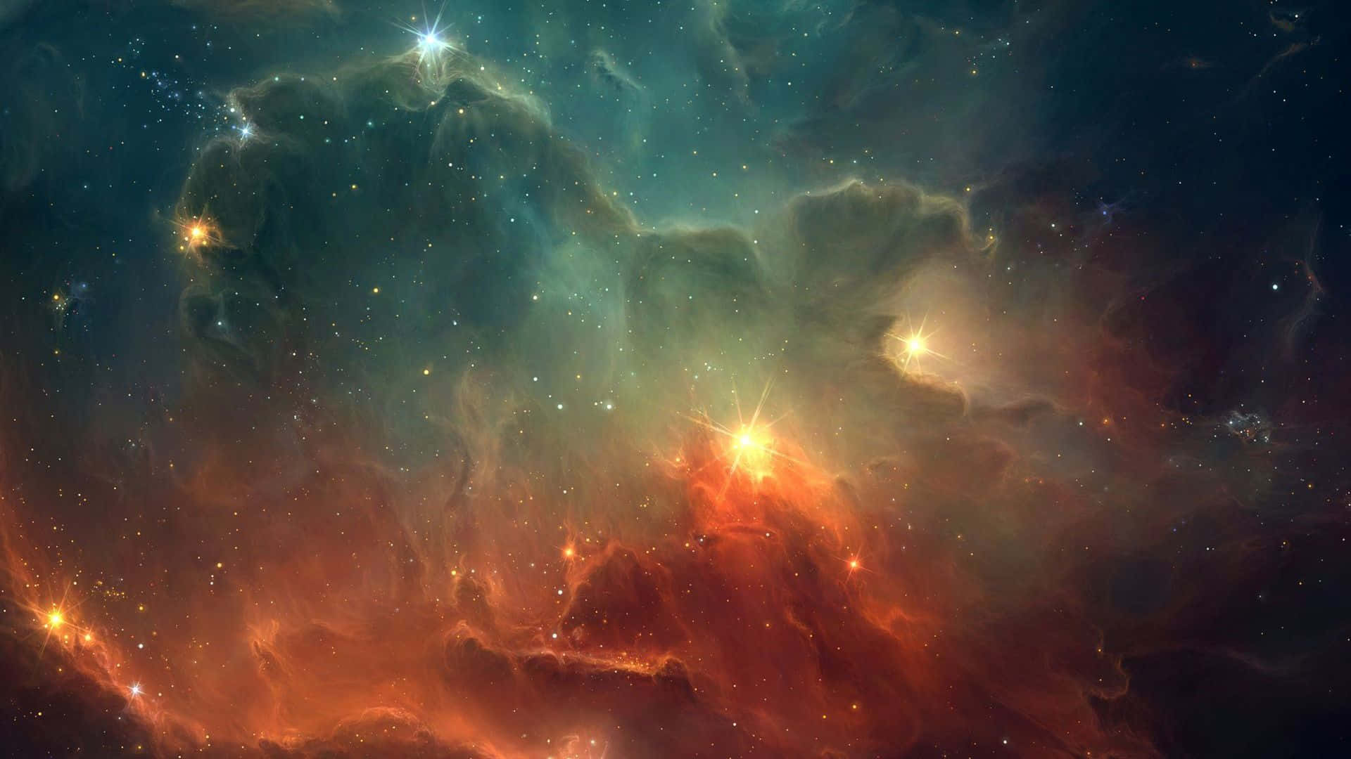 Cosmic Rays 桌布 壁紙 — 充滿活力的宇宙星雲，在黑暗太空背景下，明亮的星星照亮了發光的橙色和藍綠色雲層。