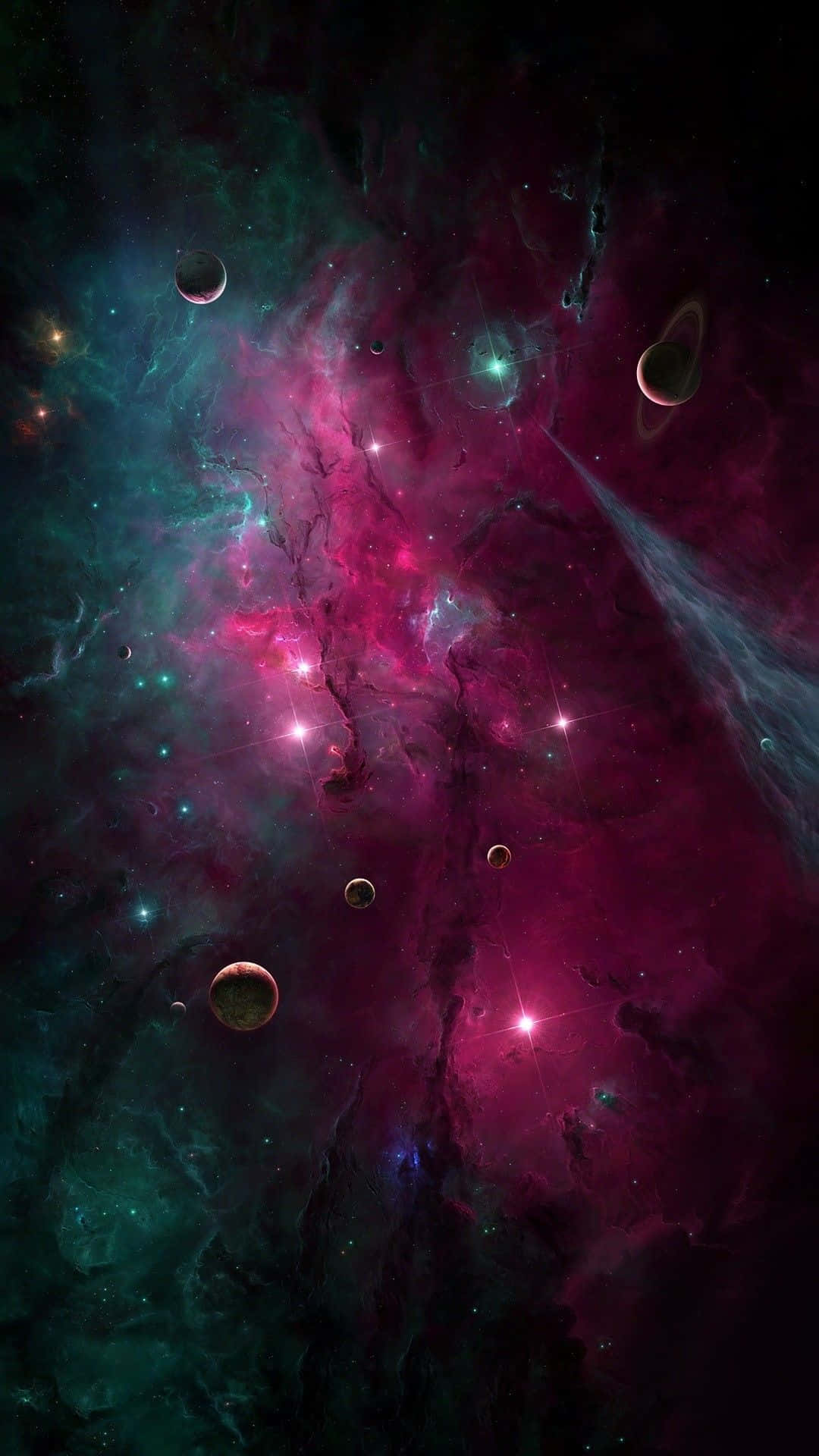  壁紙 — 充滿活力的宇宙星雲，帶有旋轉的洋紅色和藍綠色雲彩，在漂浮的行星和閃爍的星星周圍發光。