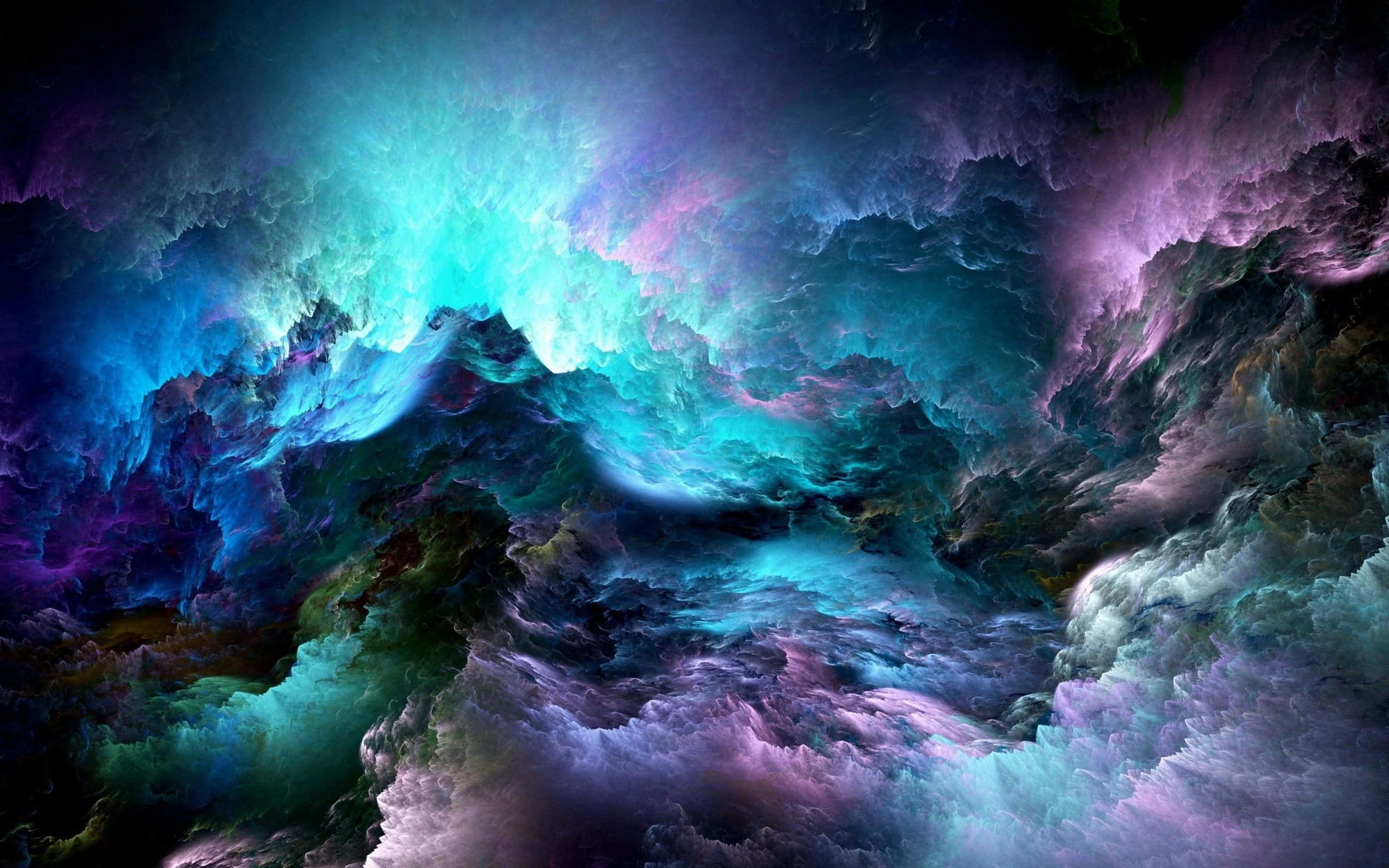 Trippy Sky 桌布 壁紙 — 充滿活力的宇宙星雲，帶有旋轉的藍綠色、紫色和黑色雲朵，在黑暗虛空中發光。