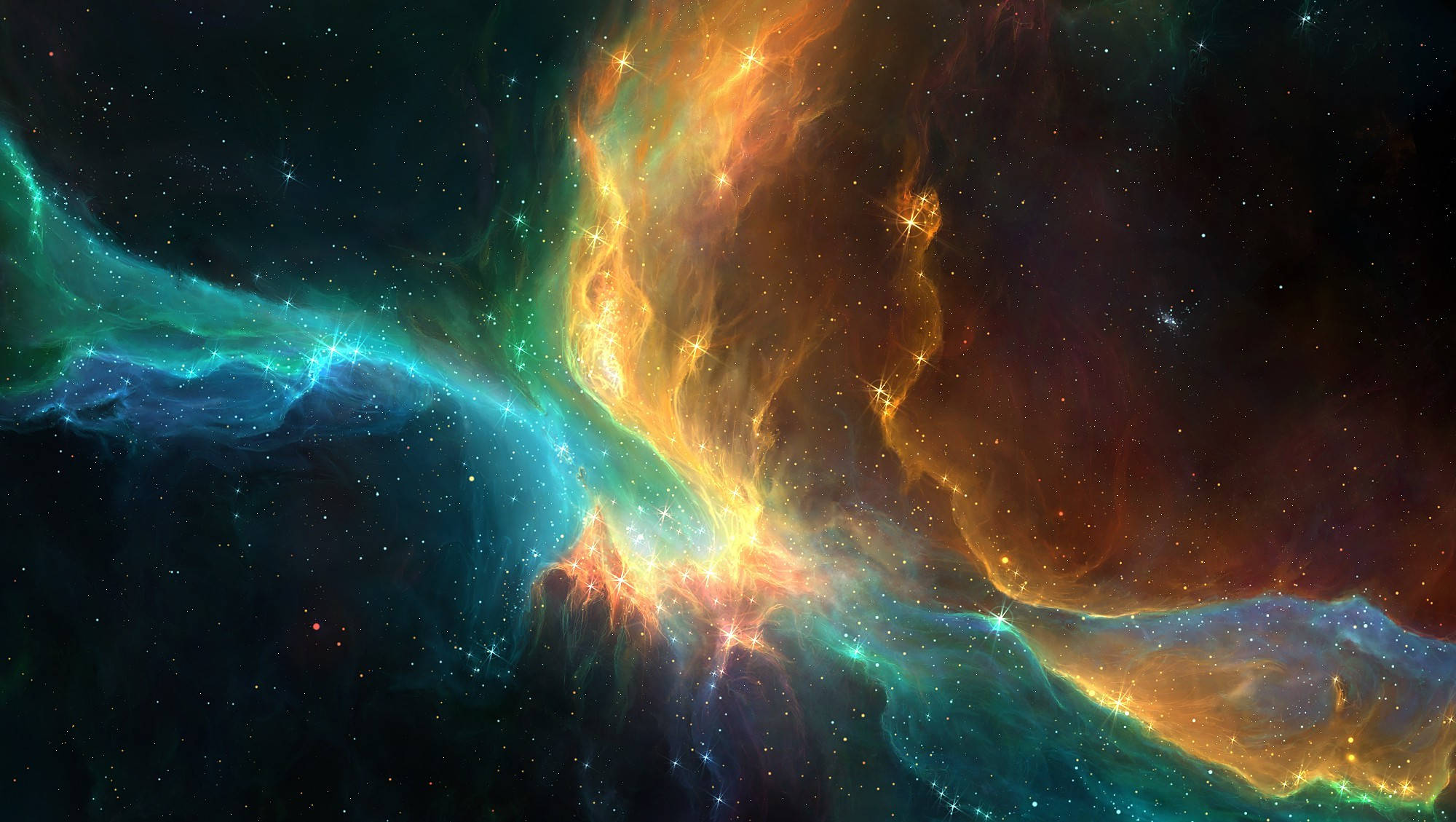 銀河 桌布 壁紙 — 充滿活力的宇宙星雲，帶有火橙色和電光青色的雲層在星空中旋轉。