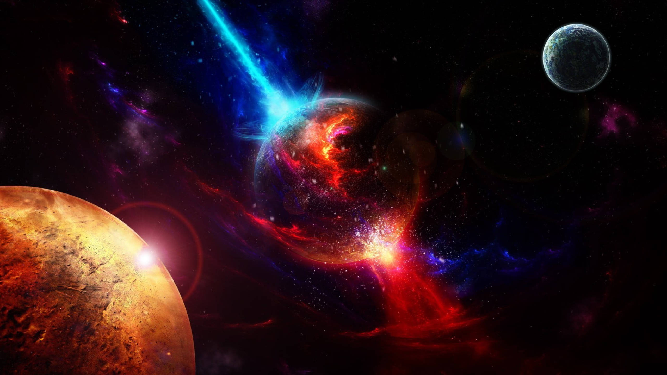 外太空 桌布 壁紙 — 充滿活力的宇宙星雲，旋轉的紅色、藍色和橙色照亮了深空中的行星和恆星。