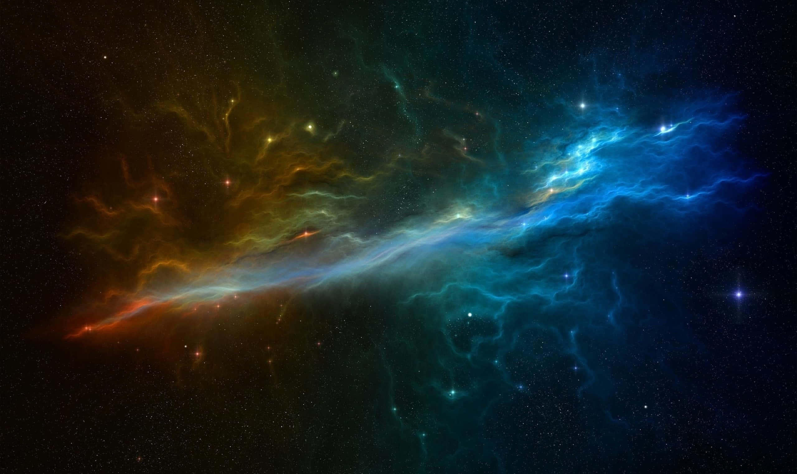 Cool Space 桌布 壁紙 — 充滿活力的宇宙星雲，旋轉的藍色和橙色雲層在黑暗虛空中被發光的星星照亮。