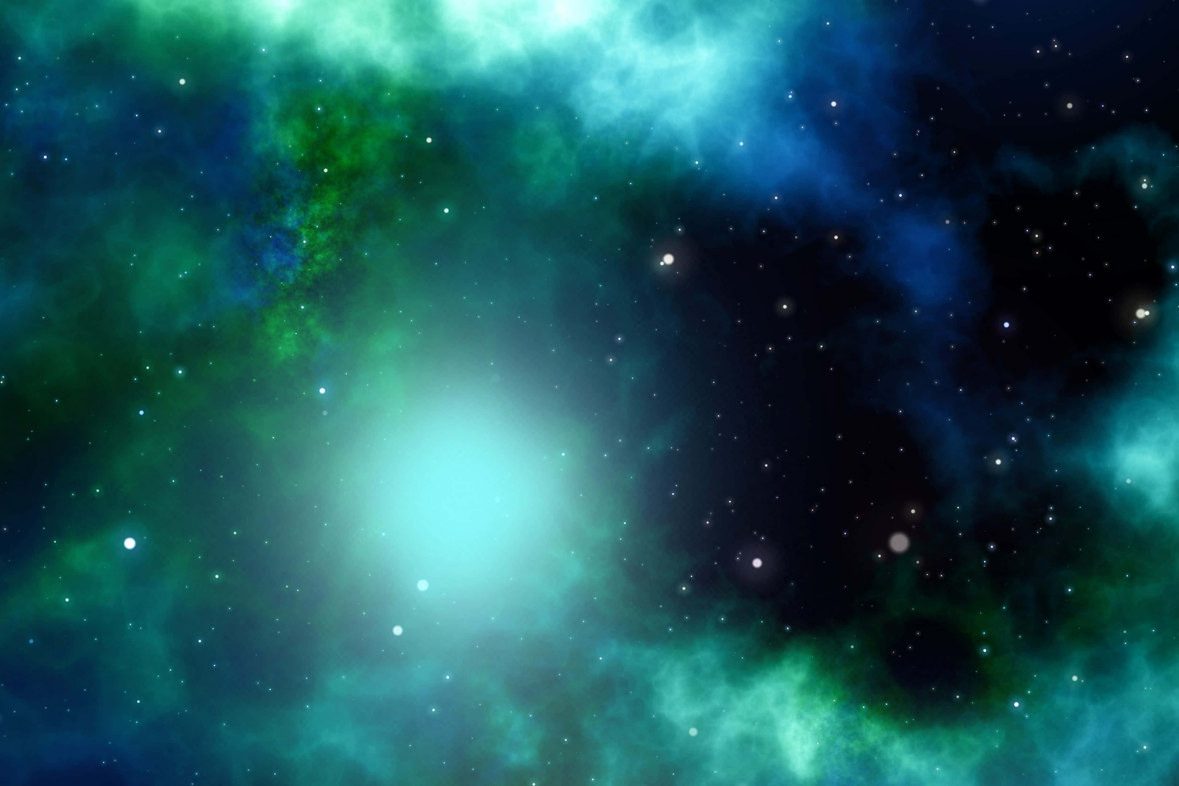 Galaxy Themed Paintings 桌布 壁紙 — 充滿活力的宇宙星雲，漩渦般的青綠色和藍色雲朵在黑暗虛空中被閃爍的星星照亮。