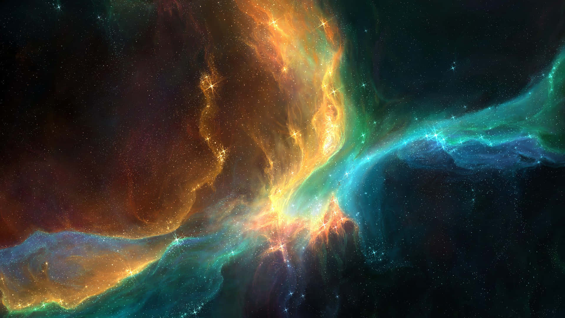 Beautiful Space 桌布 壁紙 — 充滿活力的宇宙星雲，火橙色和電光青色的雲朵在佈滿星星的黑色虛空中旋轉。