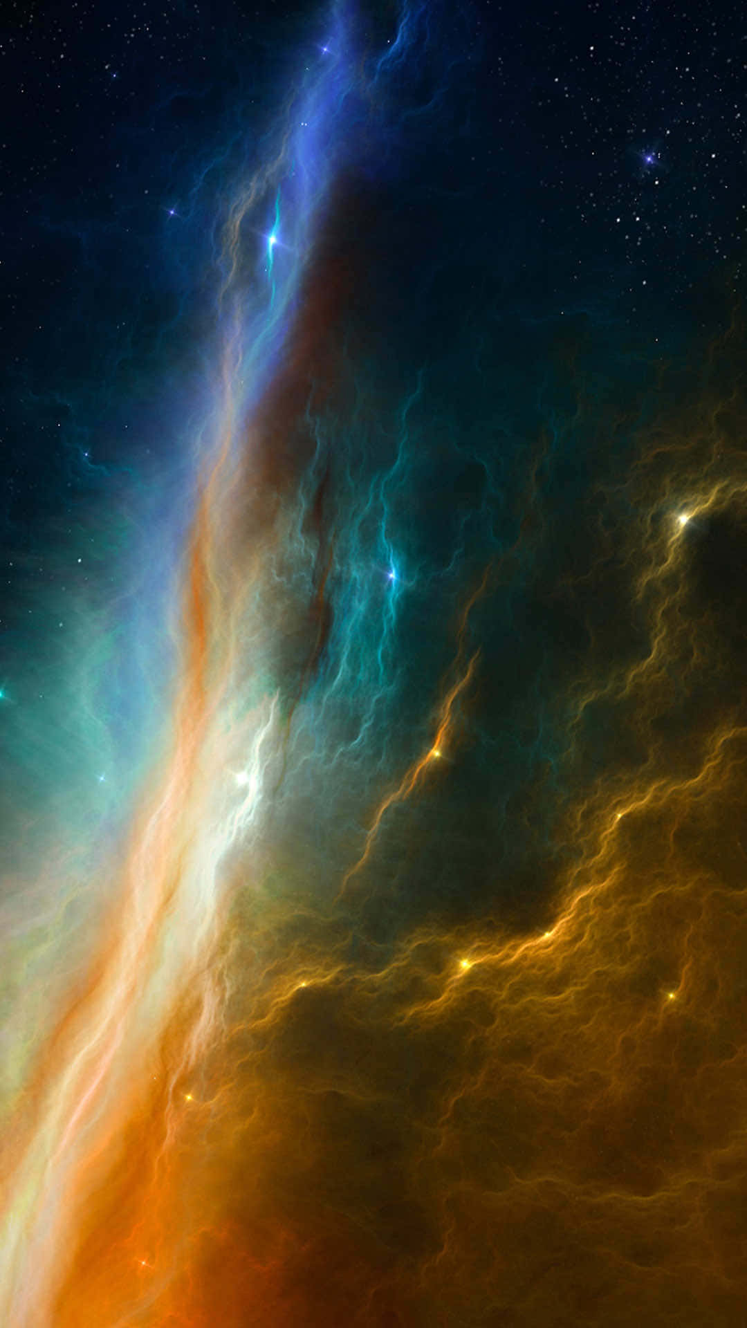 手機 桌布 壁紙 — 充滿活力的宇宙星雲，發光的橙色、藍色和藍綠色觸鬚在繁星點點的夜空中旋轉。