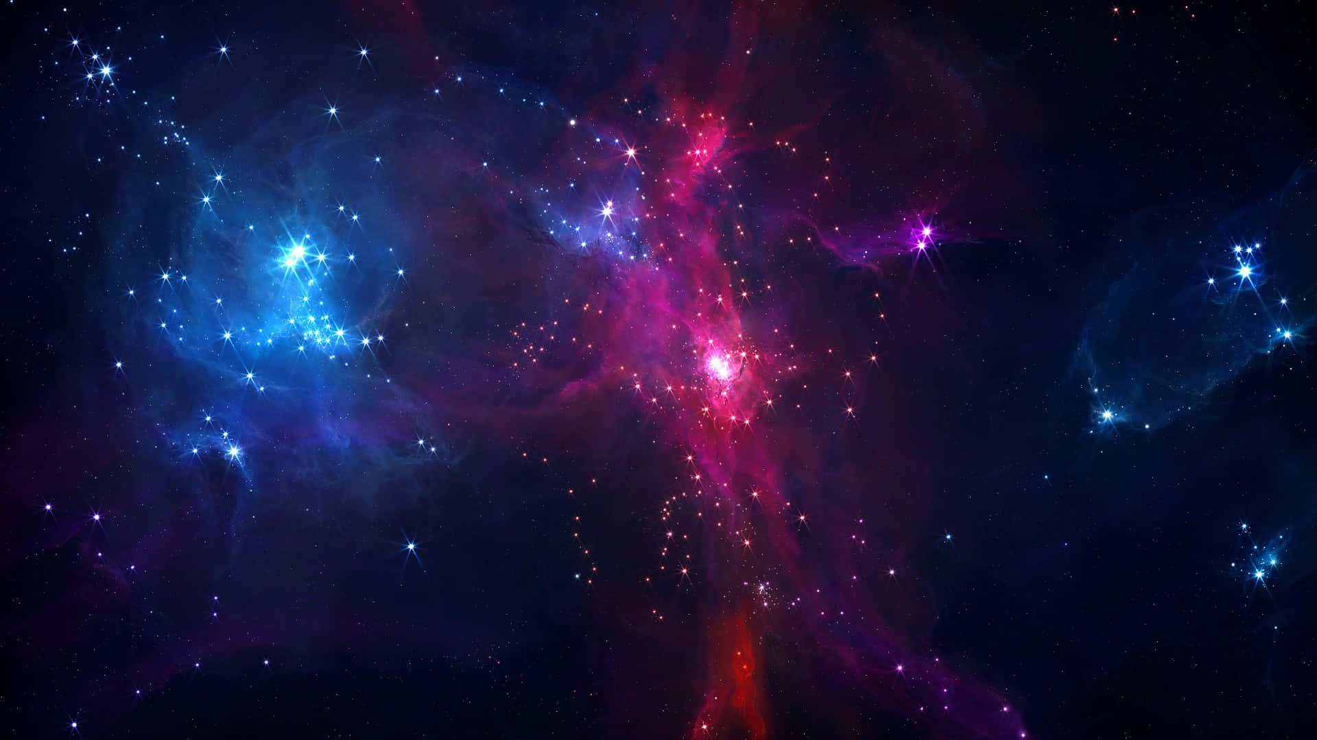 Cosmic Rays 桌布 壁紙 — 充滿活力的宇宙星雲，發光的粉紅色、紫色和藍色雲朵圍繞著燦爛的恆星旋轉，背景是深邃的黑色虛空。