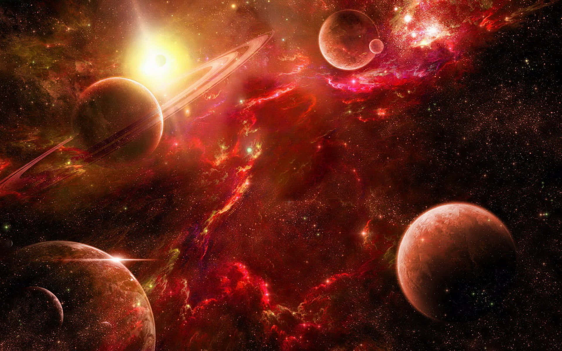 Red Space 桌布 壁紙 — 充滿活力的宇宙星雲，發光的紅色雲朵和行星圍繞著光芒四射的太陽，在繁星點點的虛空中運行。