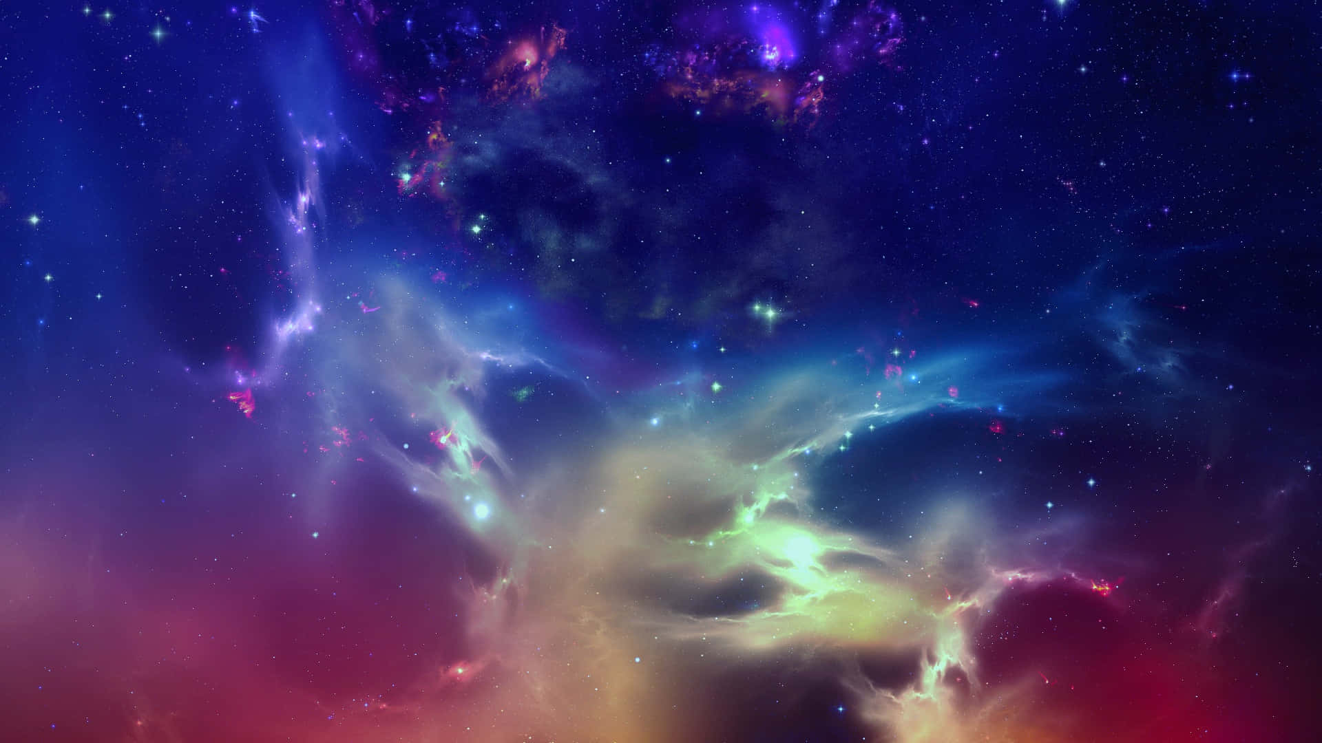 Star Cluster 桌布 壁紙 — 充滿活力的宇宙星雲，紫色、藍色、綠色和紅色的漩渦雲層在星空背景下發光。