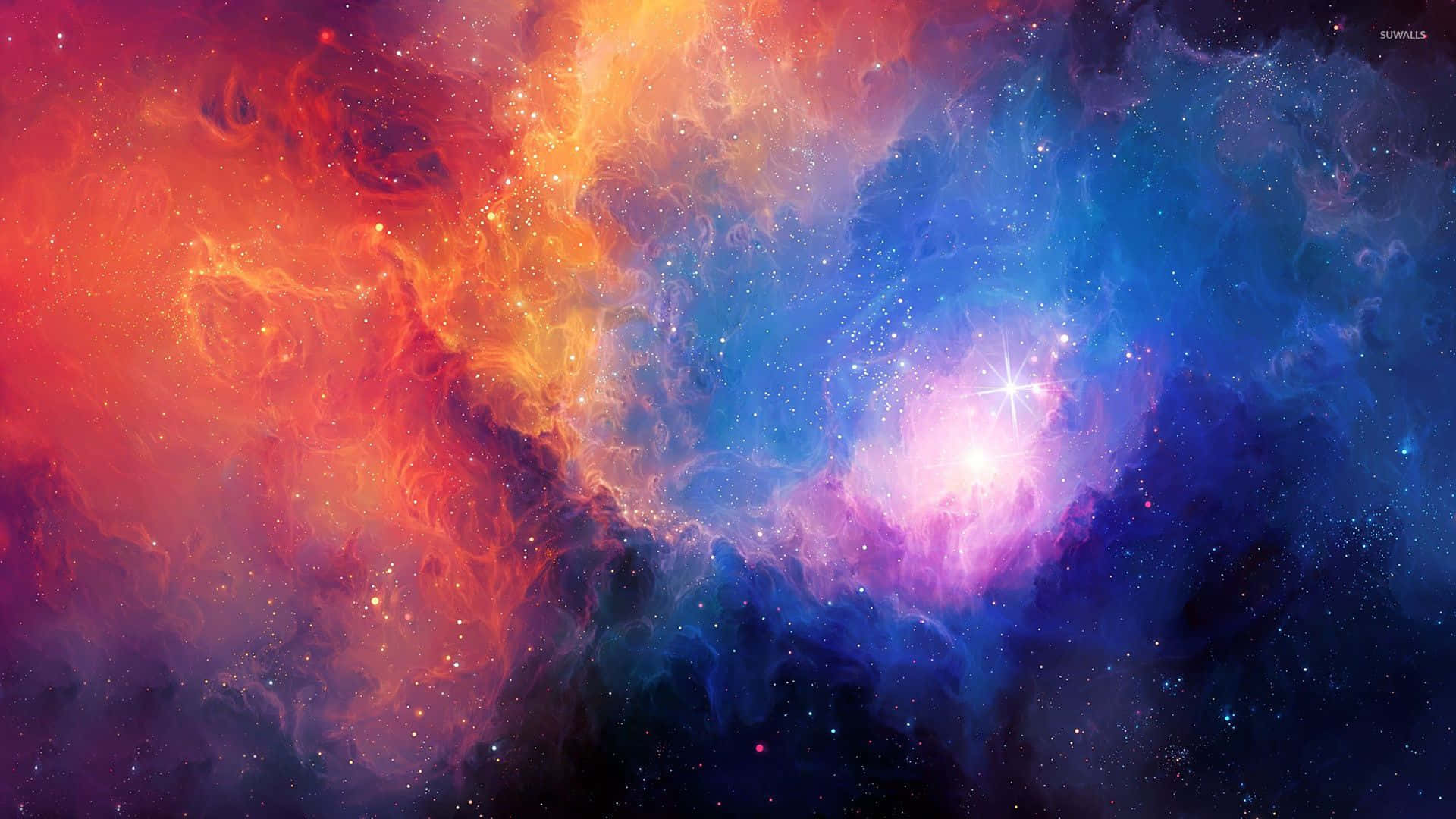 Colorful Space 桌布 壁紙 — 充滿活力的宇宙星雲以火熱的橙色和深藍色旋轉，伴隨著發光的星星和宇宙塵埃。