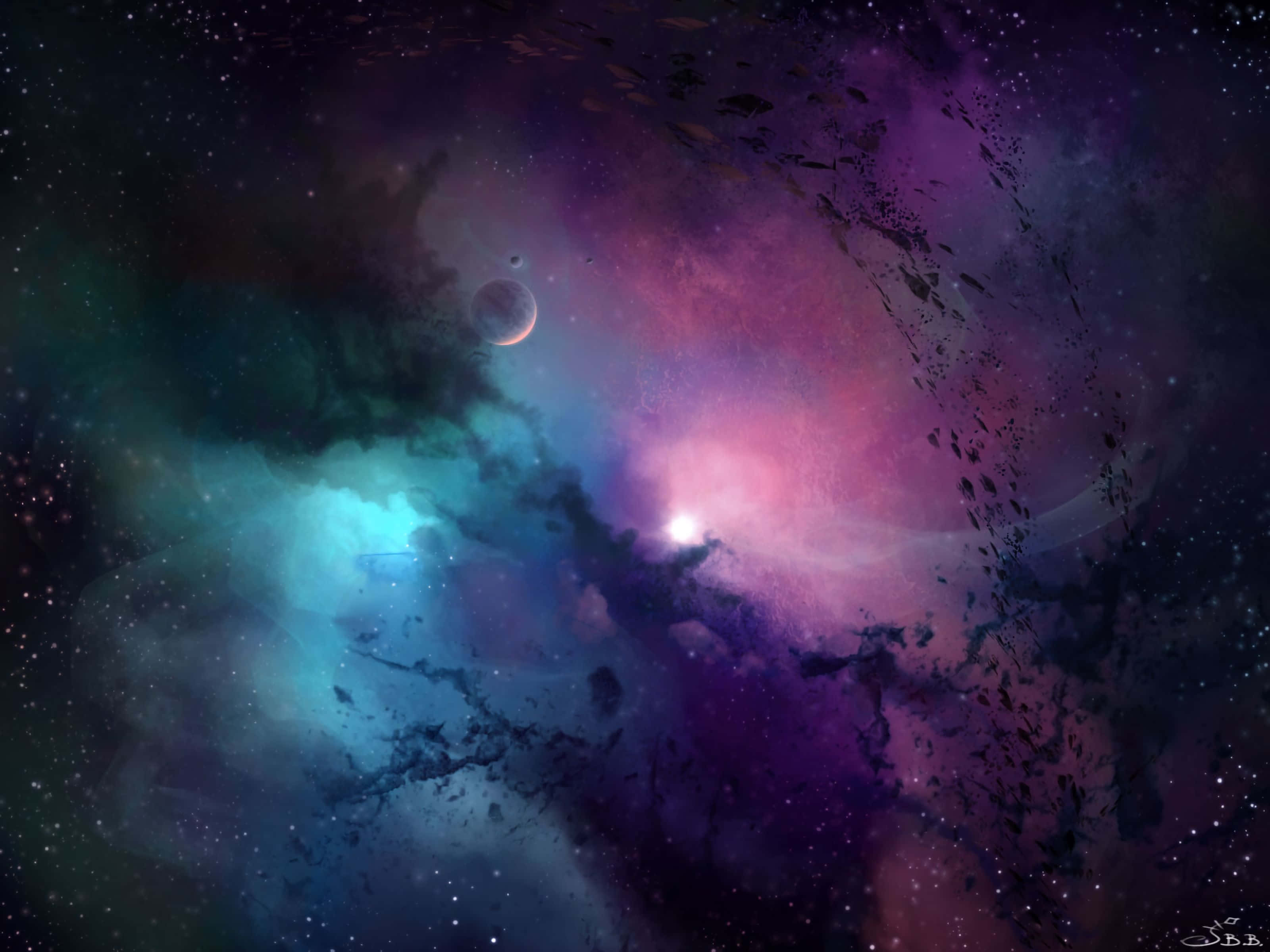 Galaxy Artwork 桌布 壁紙 — 充滿活力的宇宙星雲以電光紫、藍綠和粉紅色調旋轉，閃爍的星星和一彎新月漂浮在深空中。