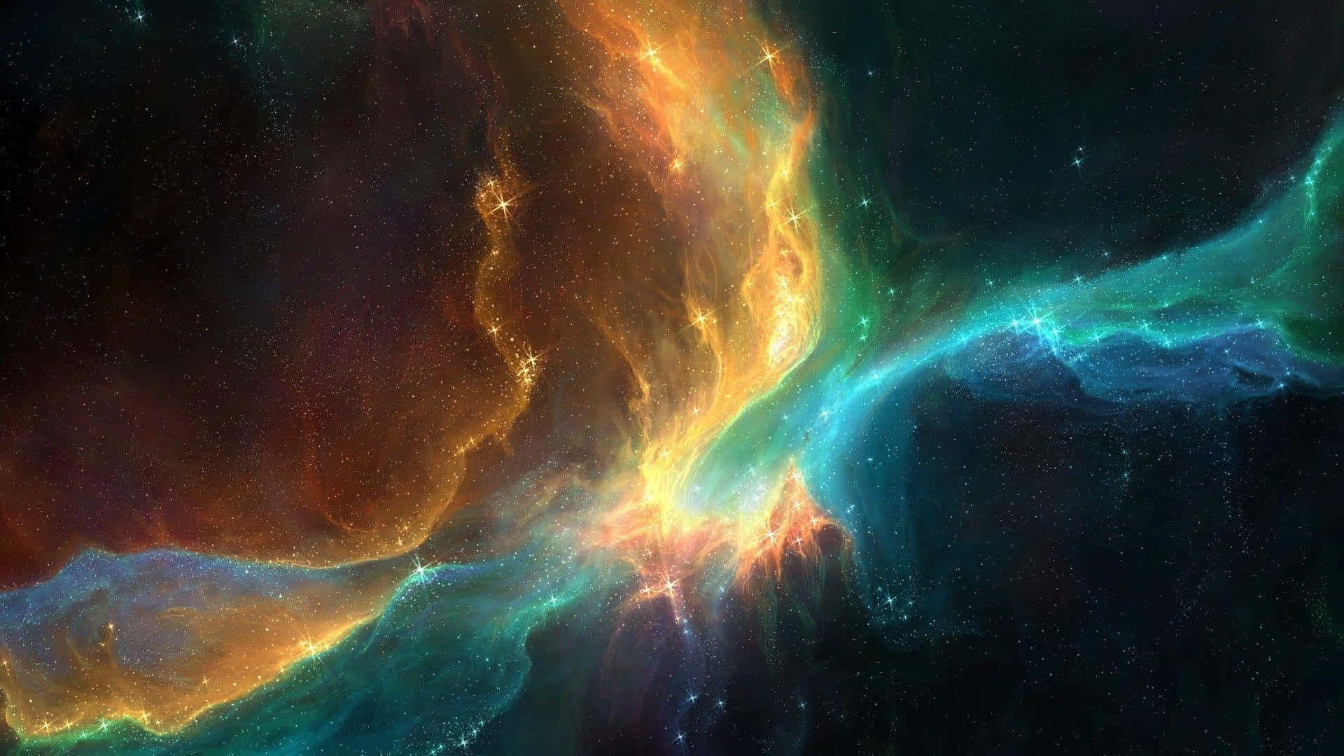 Cool Space 桌布 壁紙 — 充滿活力的宇宙星雲在佈滿星星的虛空中以火熱的橙色和電光藍綠色旋轉。