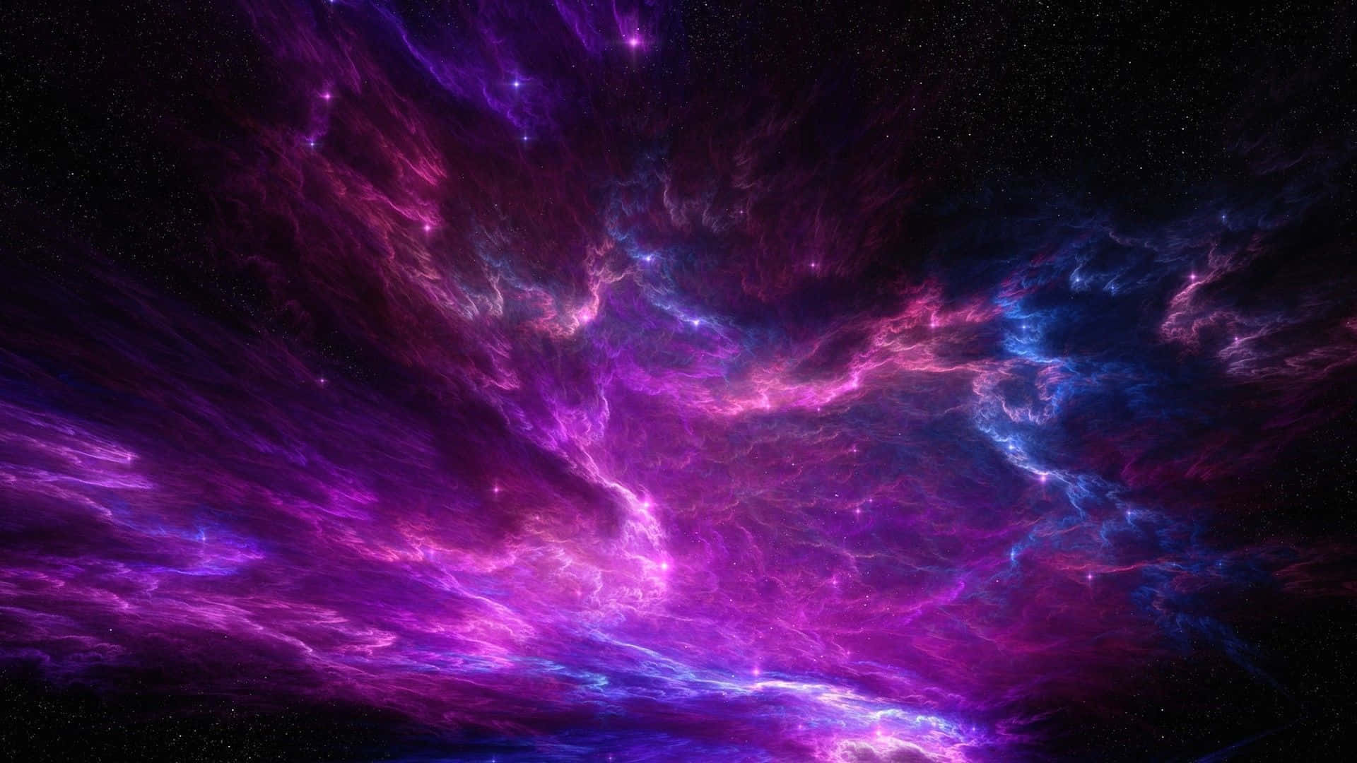 Purple Clouds 桌布 壁紙 — 充滿活力的宇宙星雲在佈滿星星的黑色虛空中以電光紫和藍色旋轉。