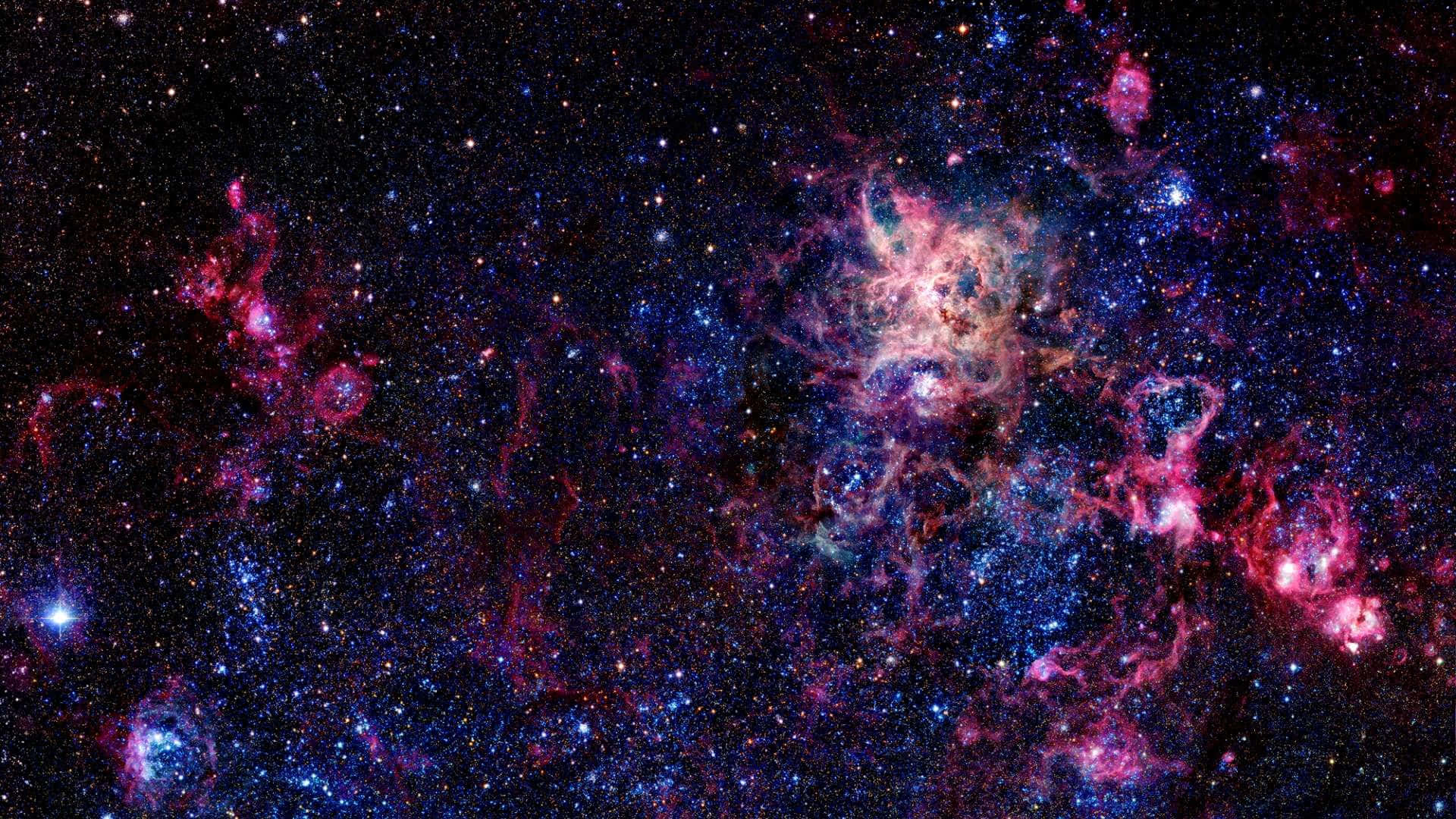 Universe 桌布 壁紙 — 充滿活力的宇宙星雲在佈滿星辰的黑色虛空中閃耀著電光粉紅和深藍色。