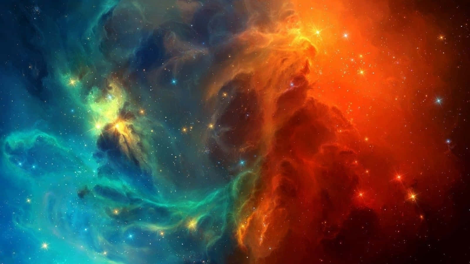 Colorful Space 桌布 壁紙 — 充滿活力的宇宙星雲在星空中以火熱的橙色和電光藍綠色旋轉。