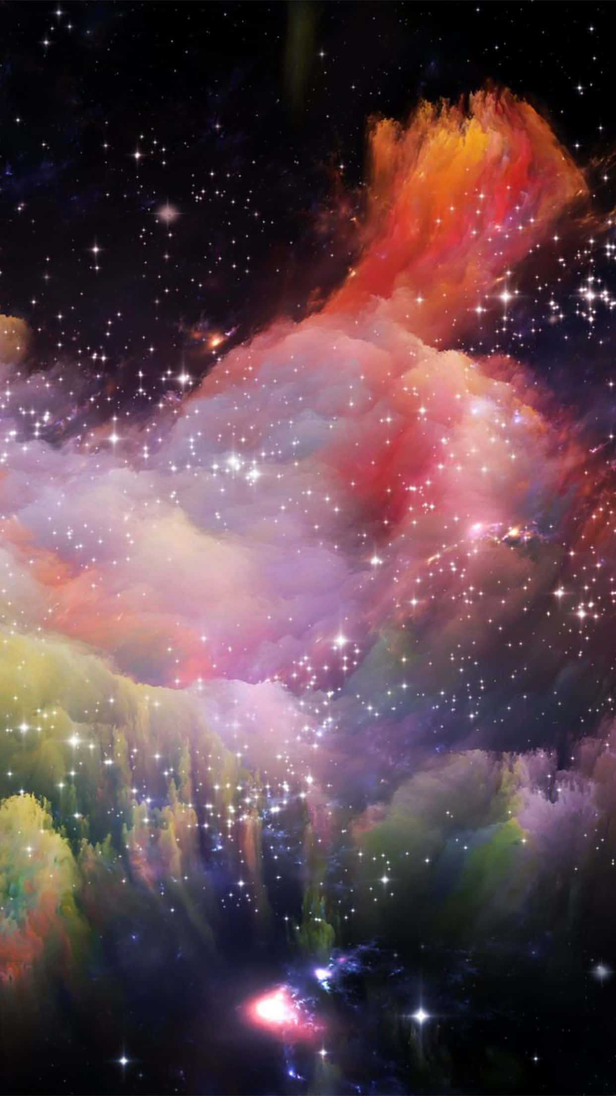 Colorful Space 桌布 壁紙 — 充滿活力的宇宙星雲在星空背景下以火熱的橙色、粉紅色和冷紫色旋轉。