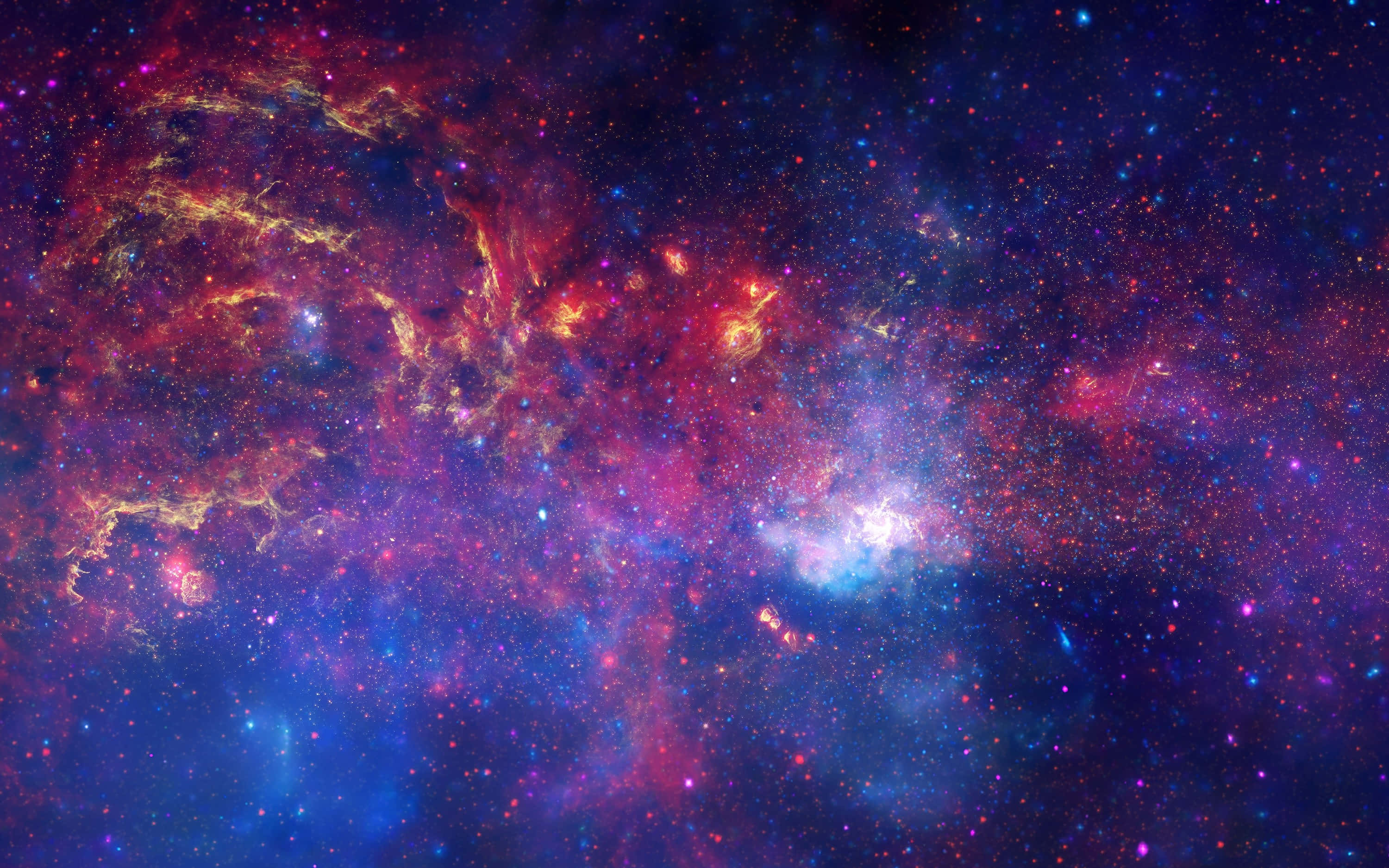 Deep Space 桌布 壁紙 — 充滿活力的宇宙星雲在星空背景下以火紅、金色和深藍色旋轉。