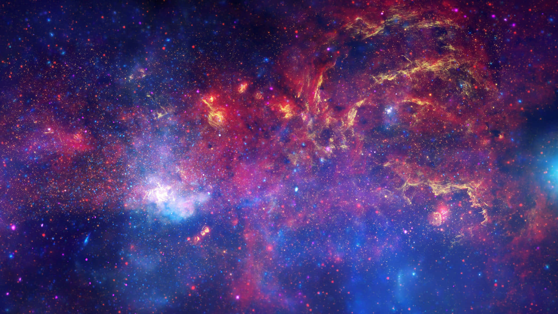 紫色銀河 桌布 壁紙 — 充滿活力的宇宙星雲在星空背景下旋轉，呈現火紅、金色和深藍色。