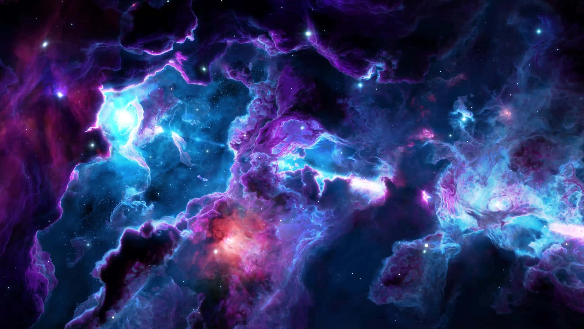 星雲 桌布 壁紙 — 充滿活力的宇宙星雲在星空虛空中以電光藍、紫和粉紅色旋轉。
