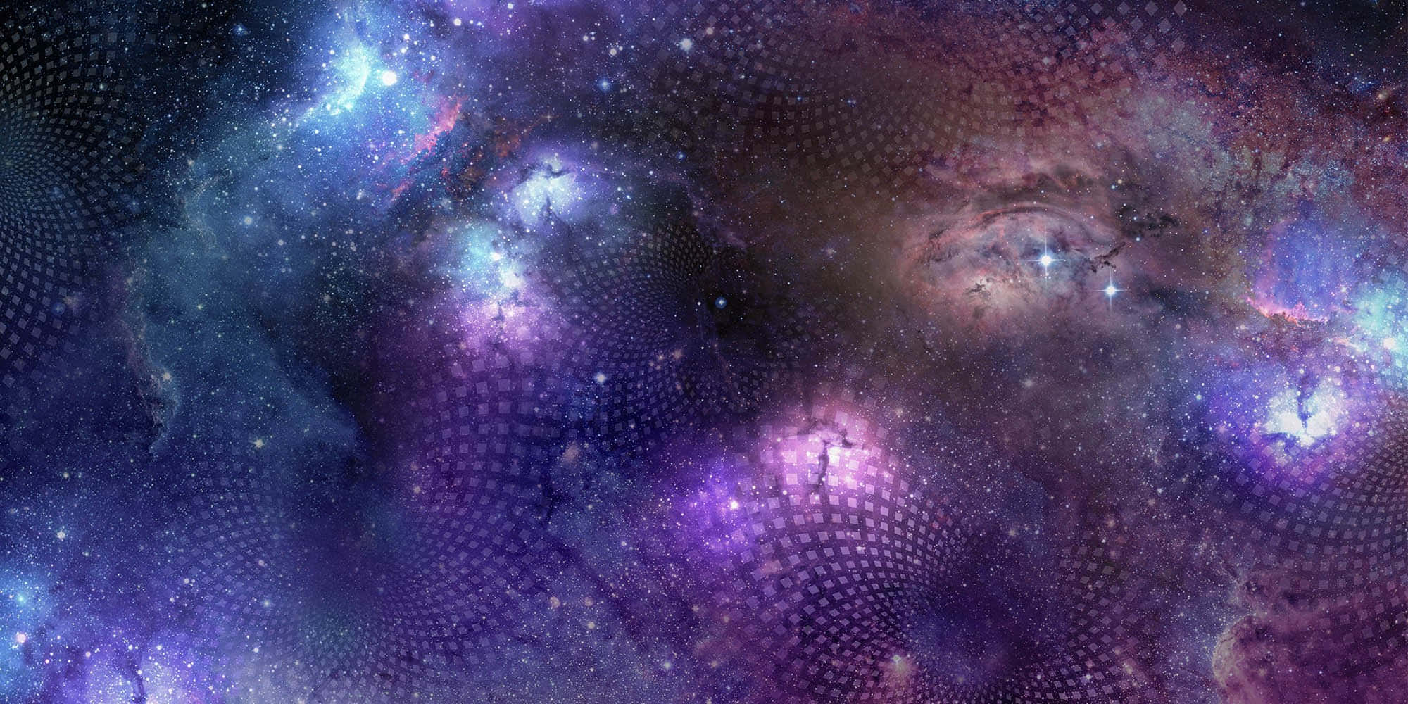 Trippy Sky 桌布 壁紙 — 充滿活力的宇宙星雲在深紫色、藍色和粉紅色中旋轉，背景是繁星點點的太空，帶有半色調點狀圖案。