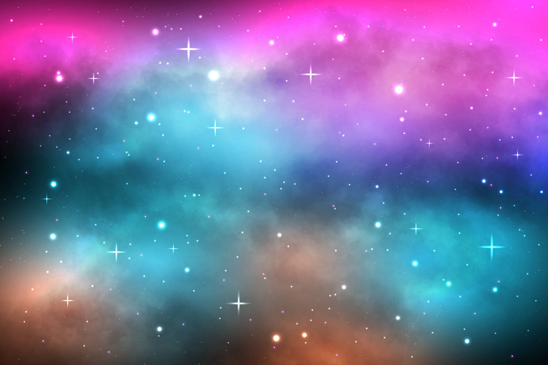 星星 桌布 壁紙 — 充滿活力的宇宙星雲在粉紅、青綠和橙色中旋轉，閃爍的星星點綴在夢幻般的銀河背景上。