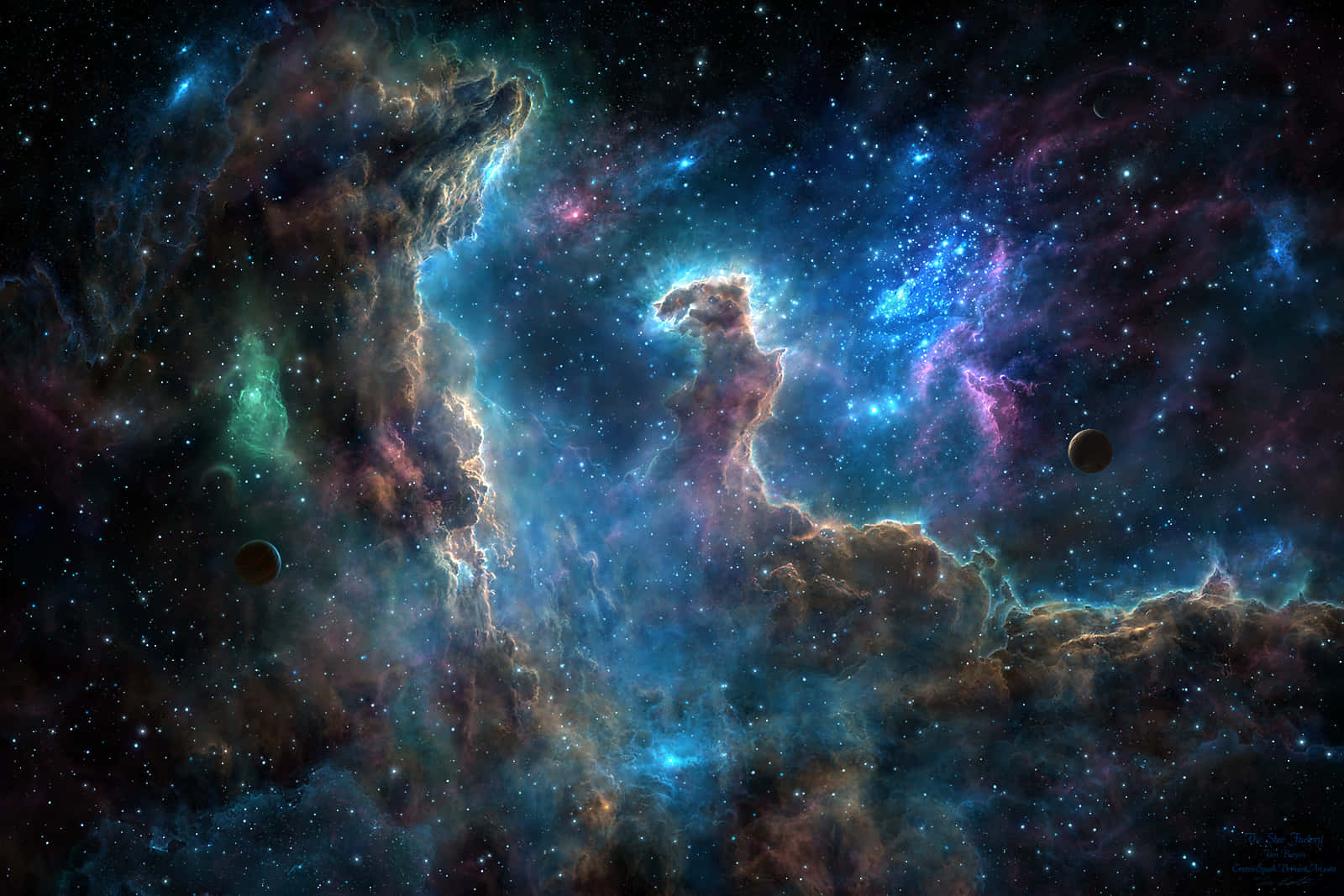Cosmic Rays 桌布 壁紙 — 充滿活力的宇宙星雲在繁星點點的背景下，散發出電光藍、紫和綠色的光芒，並有漂浮的行星。