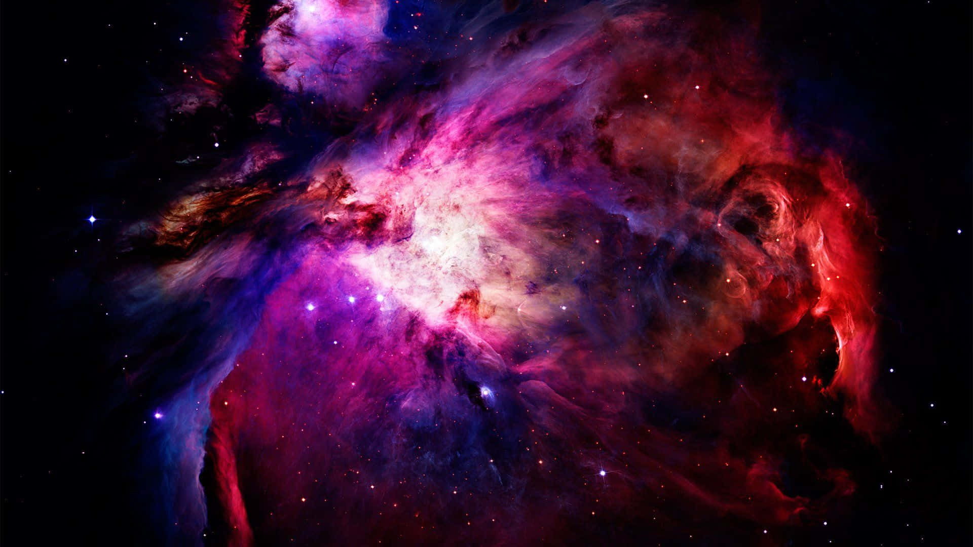 Universe 桌布 壁紙 — 充滿活力的宇宙星雲在繁星點點的黑色虛空中以電光紫、紅和藍色旋轉。