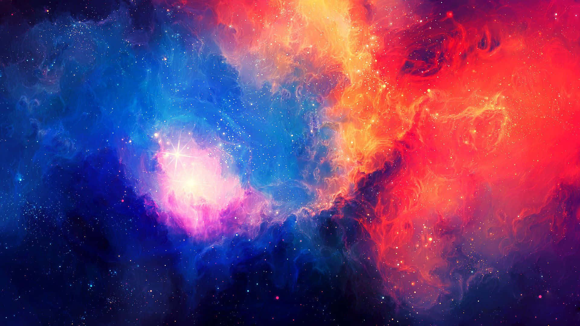 Colorful Space 桌布 壁紙 — 充滿活力的宇宙星雲在黑暗的太空背景下以火紅和冷藍色旋轉，並帶有發光的星星。