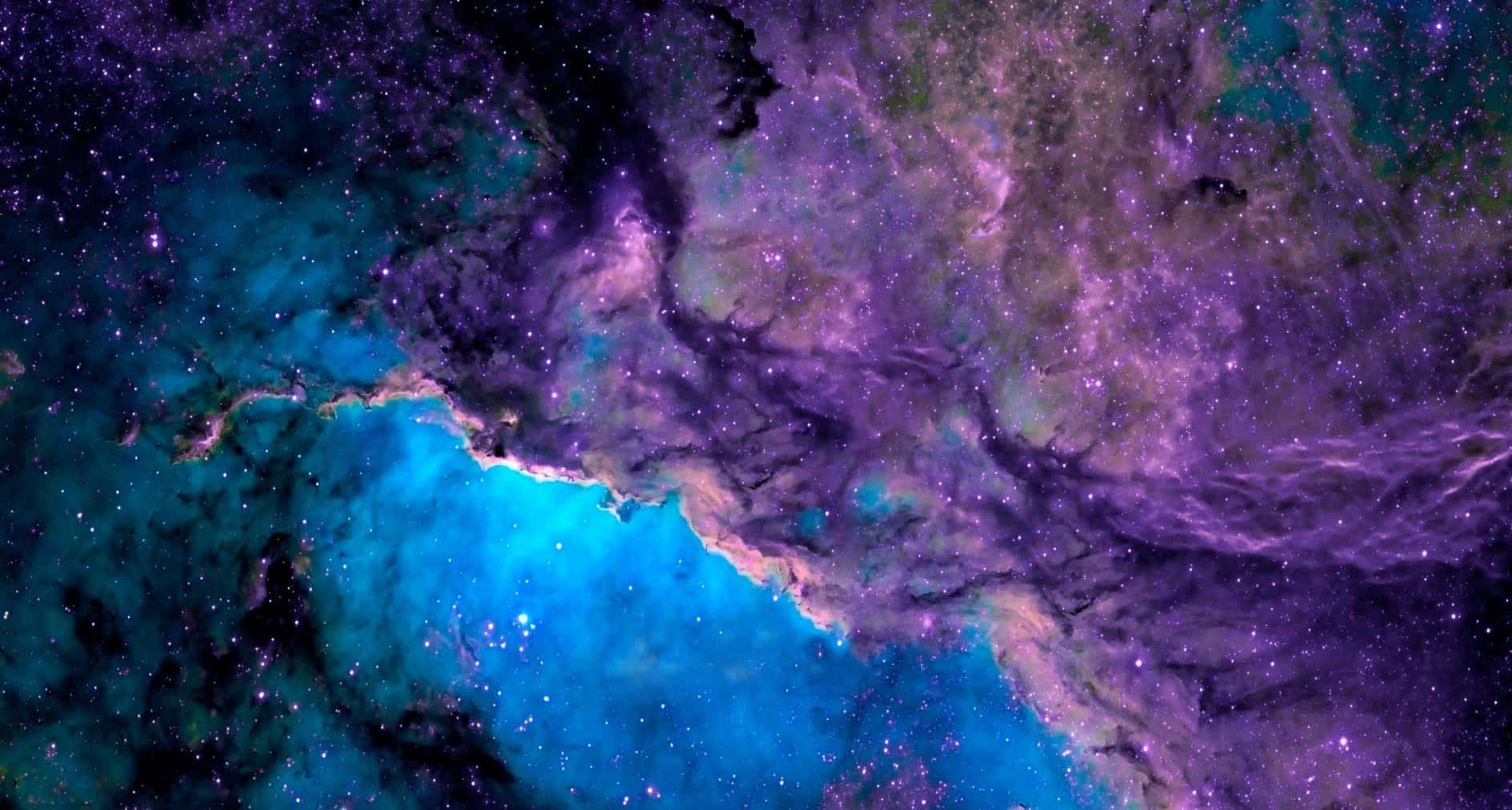 星雲 桌布 壁紙 — 充滿活力的宇宙星雲在黑暗虛空中以電光藍和紫色旋轉，點綴著閃爍的星星。
