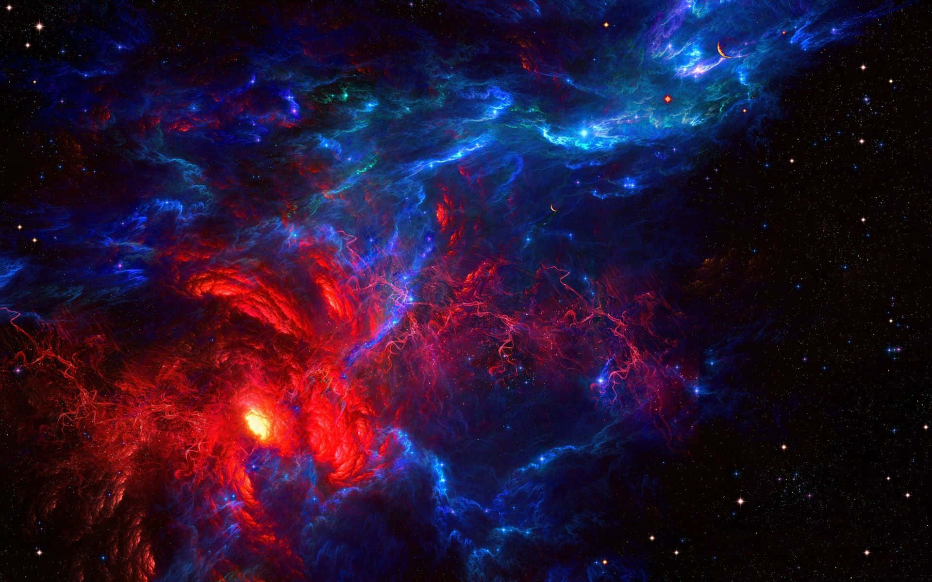 Red Space 桌布 壁紙 — 充滿活力的宇宙星雲漩渦，呈現紅色、藍色和青綠色，在星空中閃耀，中央有一顆明亮的恆星。