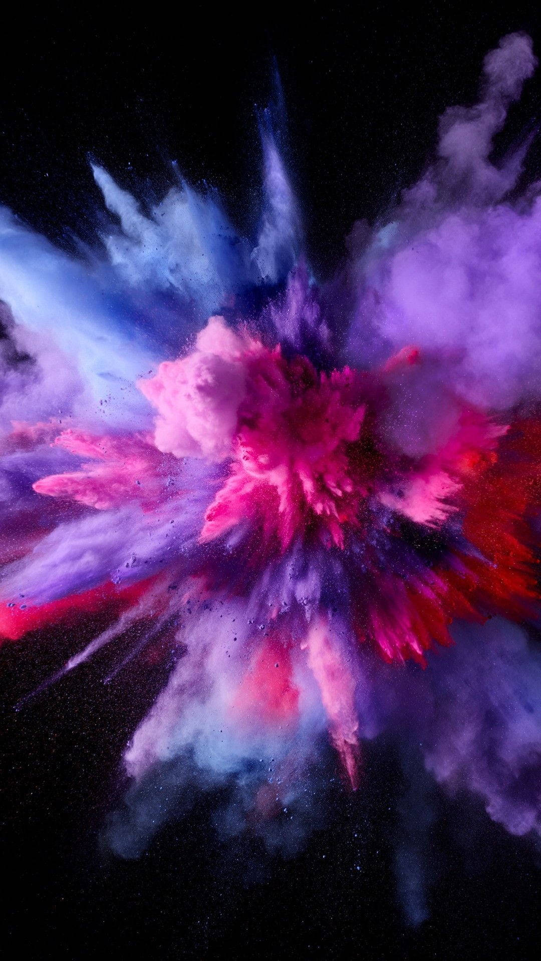 color full HD 桌布 壁紙 — 充滿活力的宇宙爆炸，粉紅、紫色和藍色粉末在繁星點點的黑色虛空中綻放。