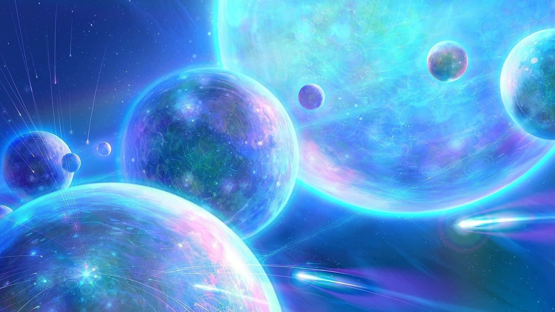 外太空 桌布 壁紙 — 充滿活力的宇宙球體在繁星點點的星雲背景下，伴隨著劃過的流星，散發出電光藍和紫色的光芒。