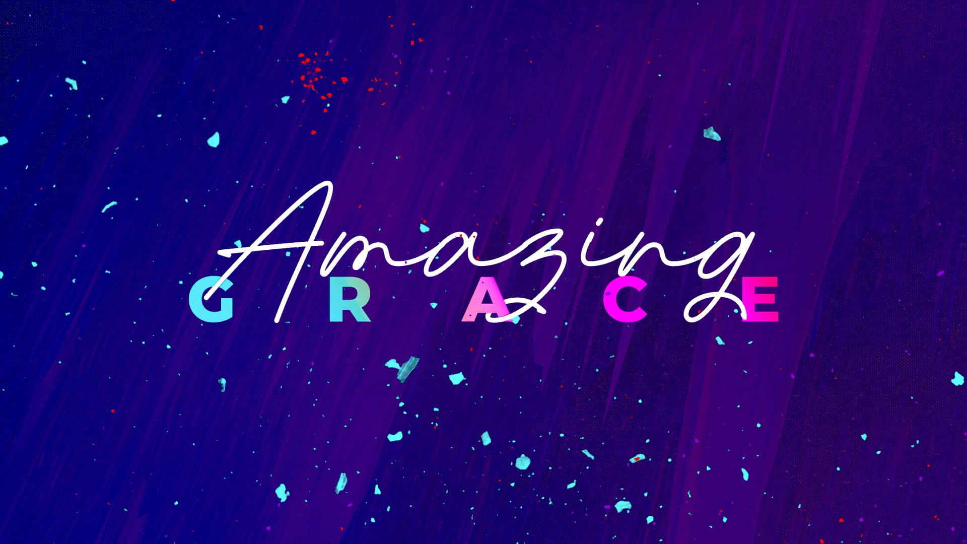 grace 桌布 壁紙 — 充滿活力的宇宙背景，帶有發光文字 Amazing Grace，襯托著紫色和藍色的條紋太空。