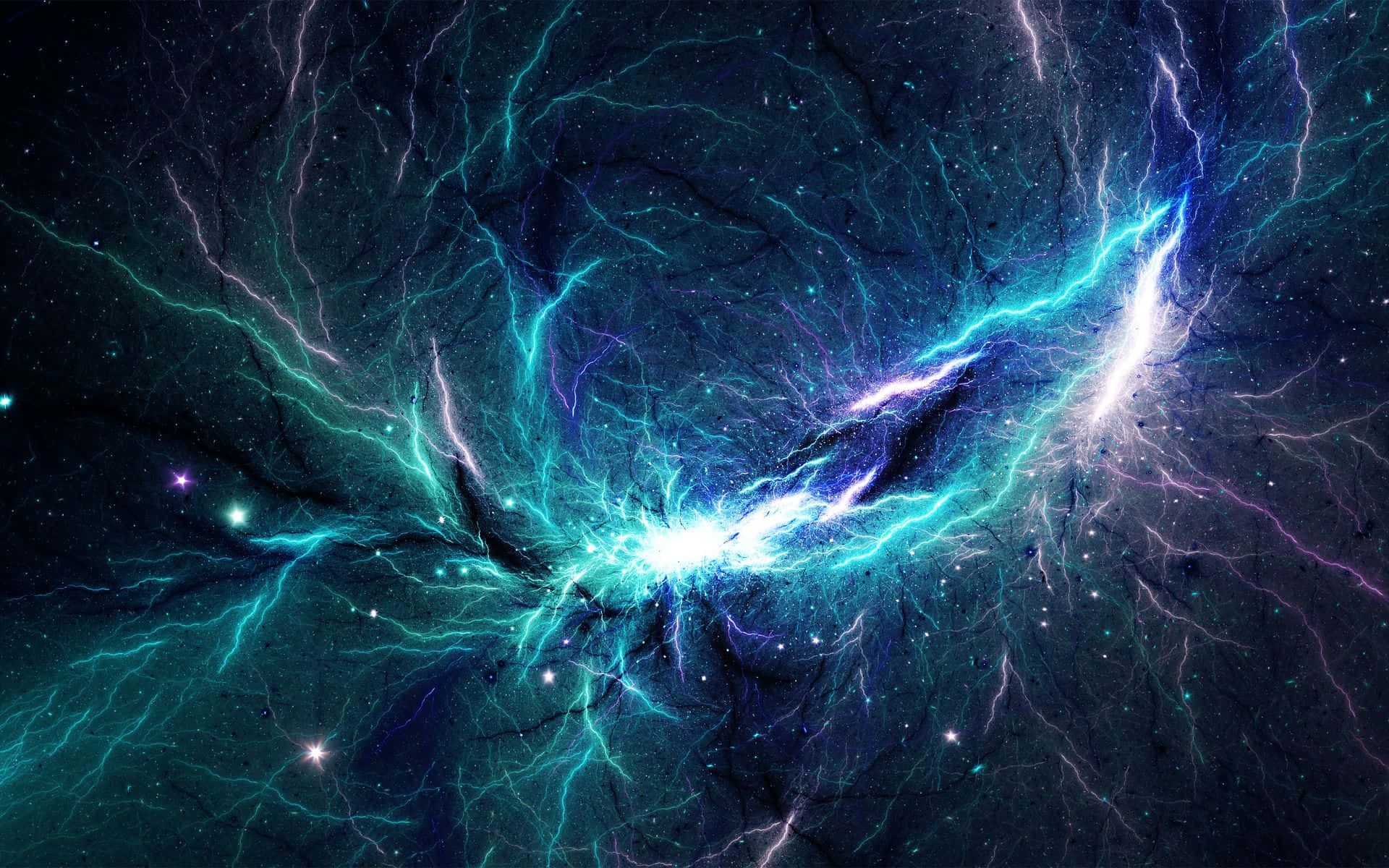 星雲 桌布 壁紙 — 充滿活力的宇宙閃電在深空星場中噼啪作響，帶有電光藍和紫色色調。