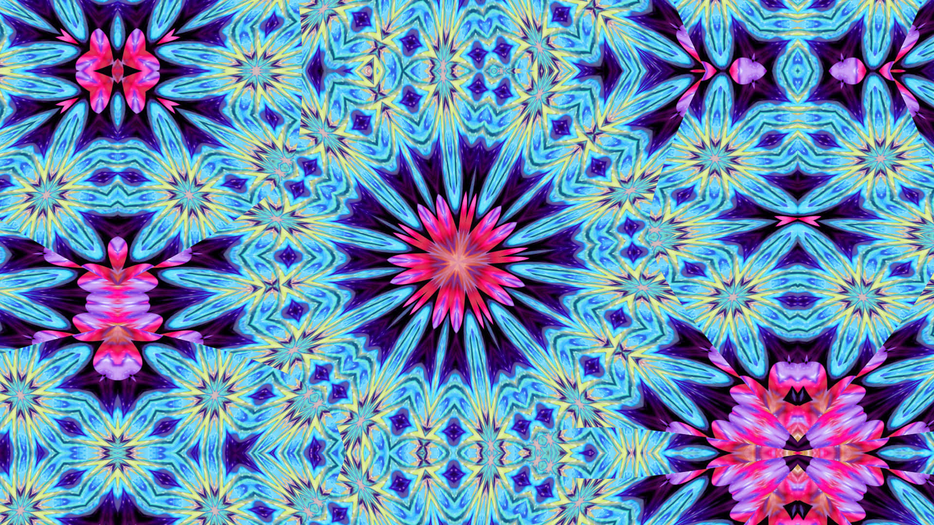 Psychedelic Flowers 桌布 壁紙 — 充滿活力的對稱萬花筒圖案，帶有電光藍、黃色和洋紅色的花卉圖案，從中央星爆向外輻射。