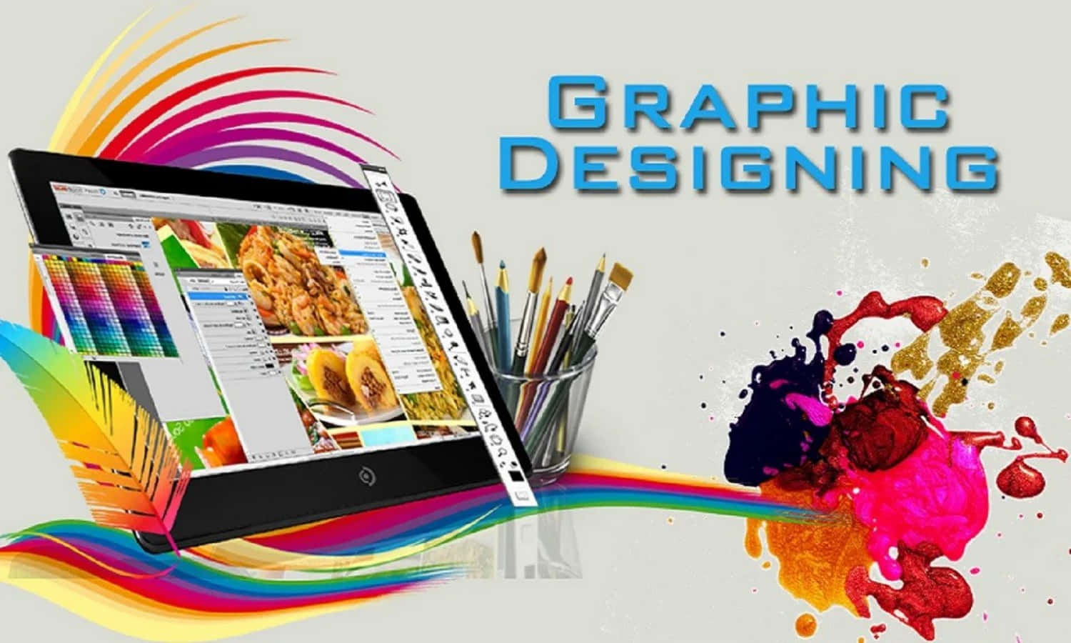 graphic design 桌布 壁紙 — 充滿活力的平面設計概念，平板電腦顯示色彩繽紛的佈局，周圍環繞著油漆飛濺和畫筆。