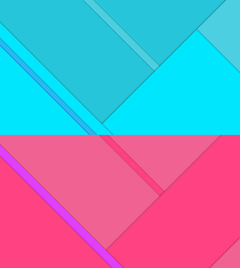 Material Design 桌布 壁紙 — 充滿活力的幾何圖案，由重疊的青色和洋紅色三角形組成，帶有細紫色和藍色線條。
