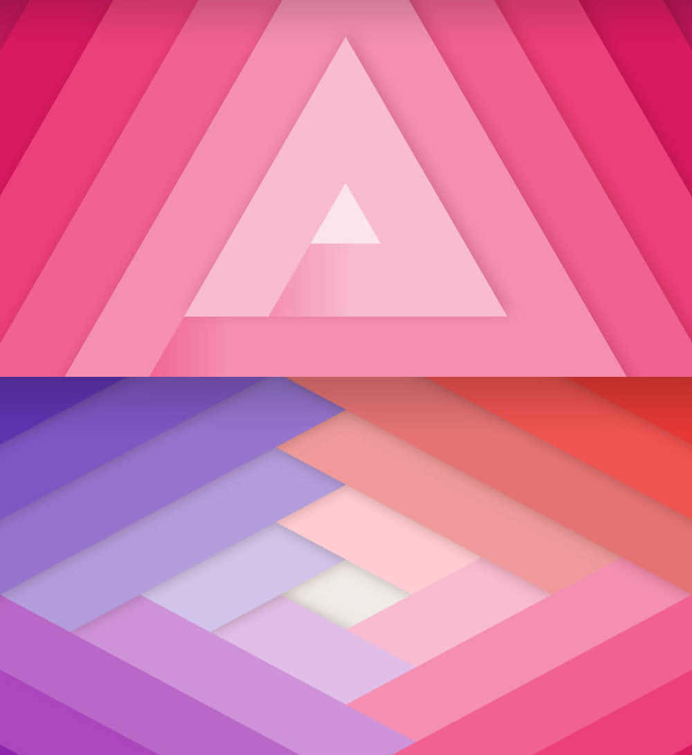 Material Design 桌布 壁紙 — 充滿活力的幾何圖案牆紙，採用粉紅、紫色和紅色的漸變色調，呈現層疊的三角形和角形形狀。