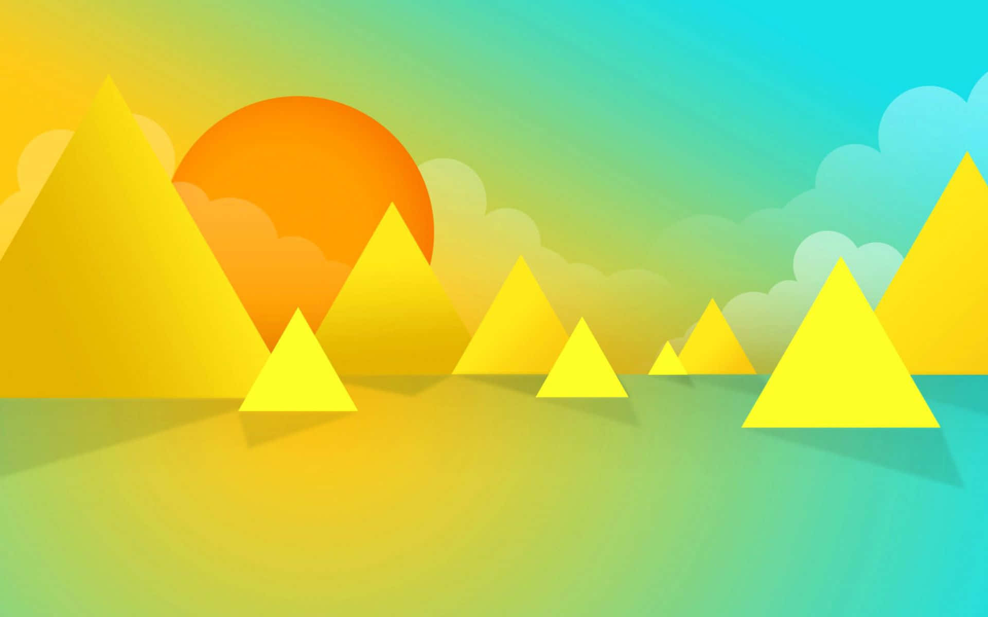 Yellow Geometric 桌布 壁紙 — 充滿活力的幾何山脈以黃色剪影升起，下方是漸變天空，帶有大型橙色太陽和柔和雲朵。