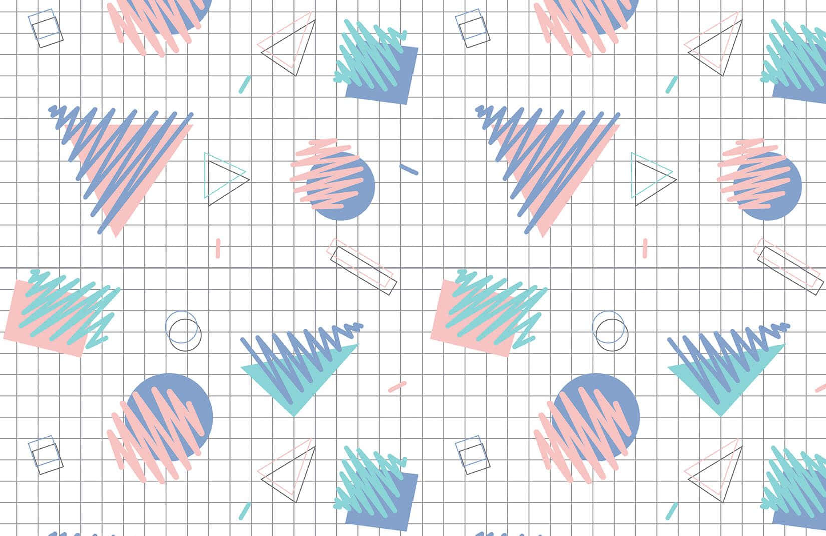 Pastel Aesthetic Grid 桌布 壁紙 — 充滿活力的幾何形狀，以粉紅色、藍綠色和藍色呈現，漂浮在帶有草圖筆觸紋理的淺色網格背景上。