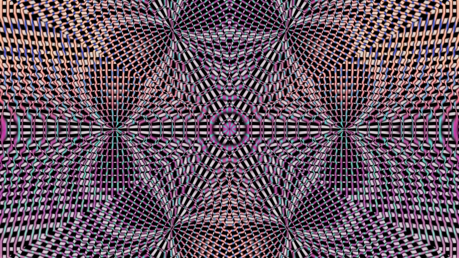 Optical Illusions 桌布 壁紙 — 充滿活力的幾何萬花筒，在黑色背景上呈現紫色、粉紅色和藍綠色的重複放射狀圖案。
